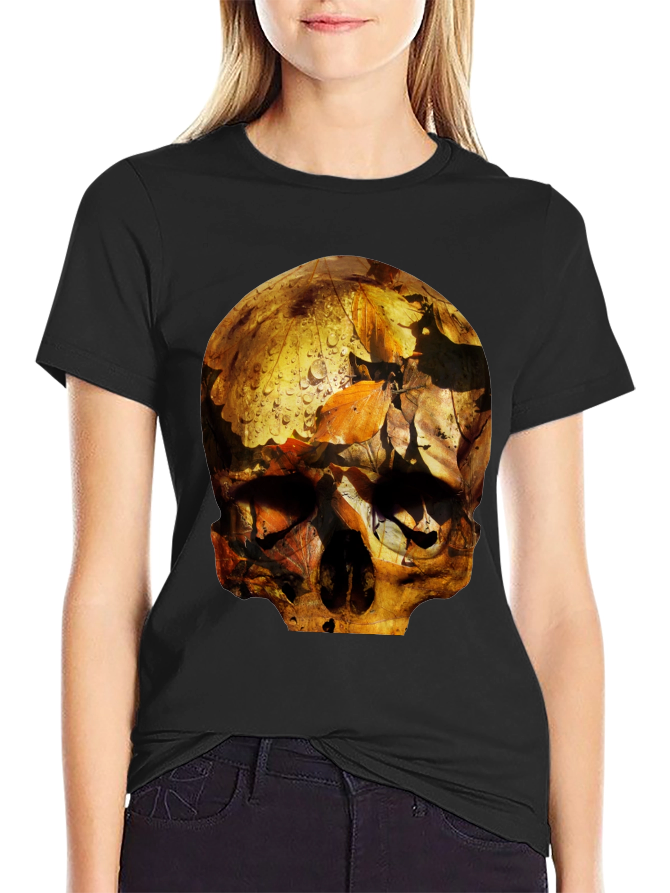 Black Skull Graphic Tee - Fallen Leaves Design view 2
