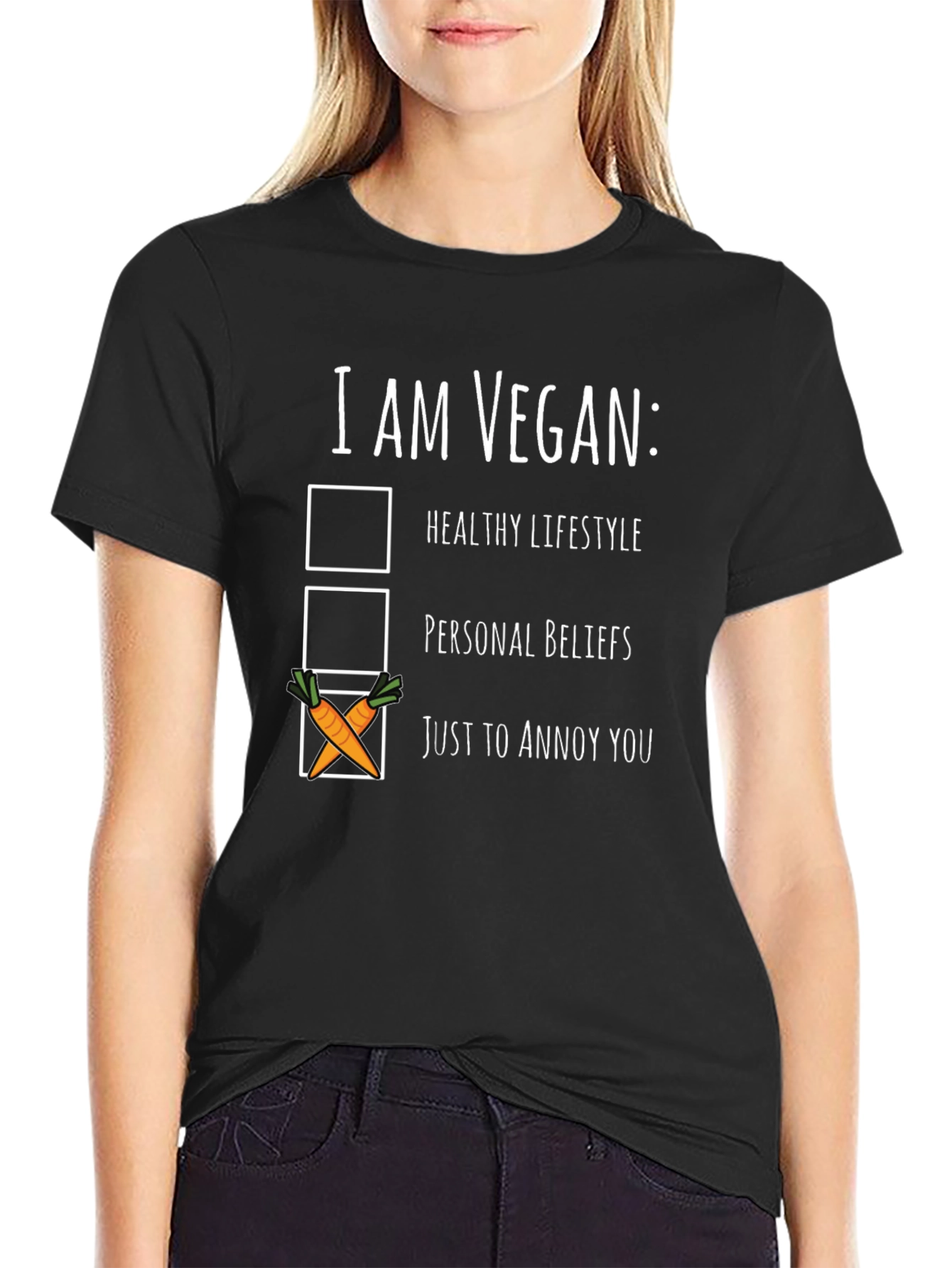 Black Vegan Humor T-Shirt: Just To Annoy You Tee view 2