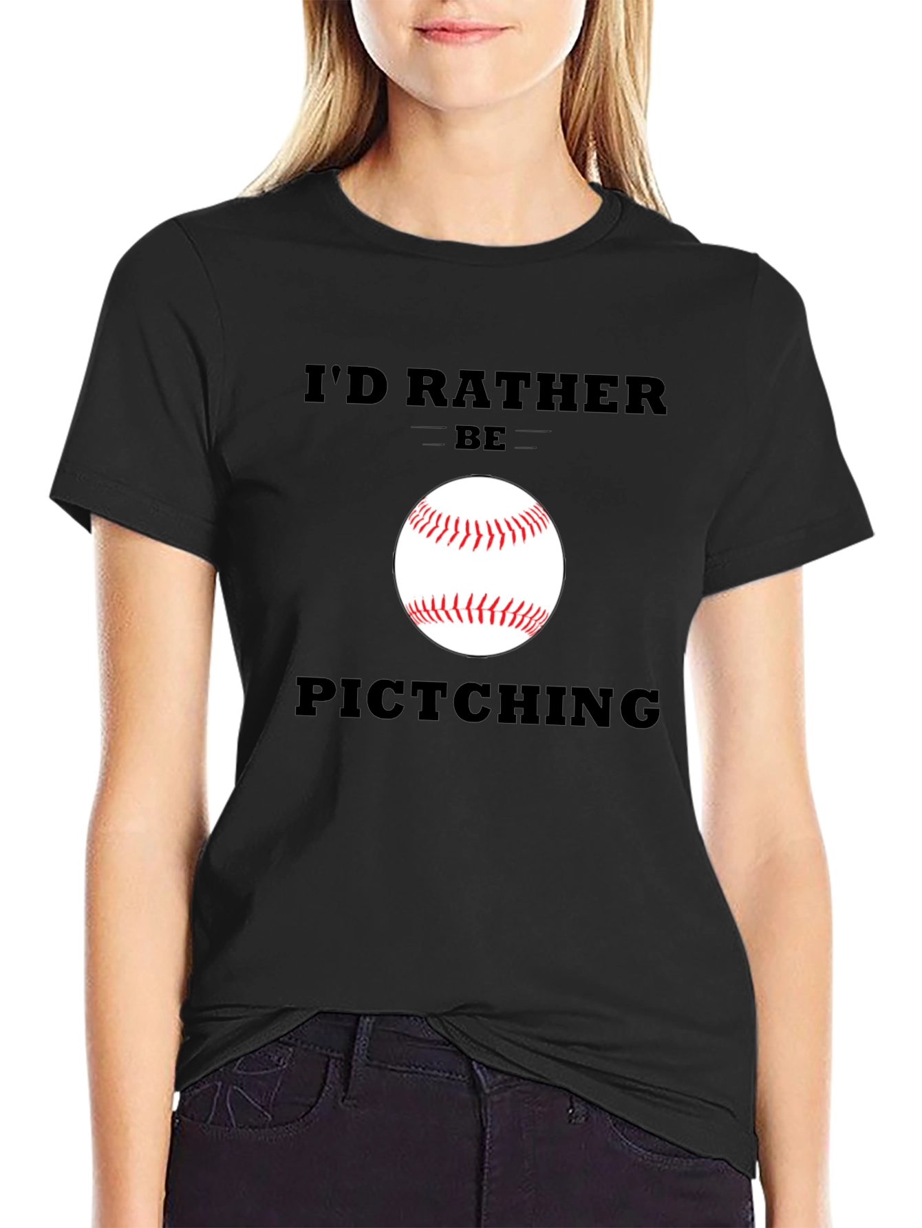 Black Funny Baseball T-Shirt - I'd Rather Be Pitching view 2