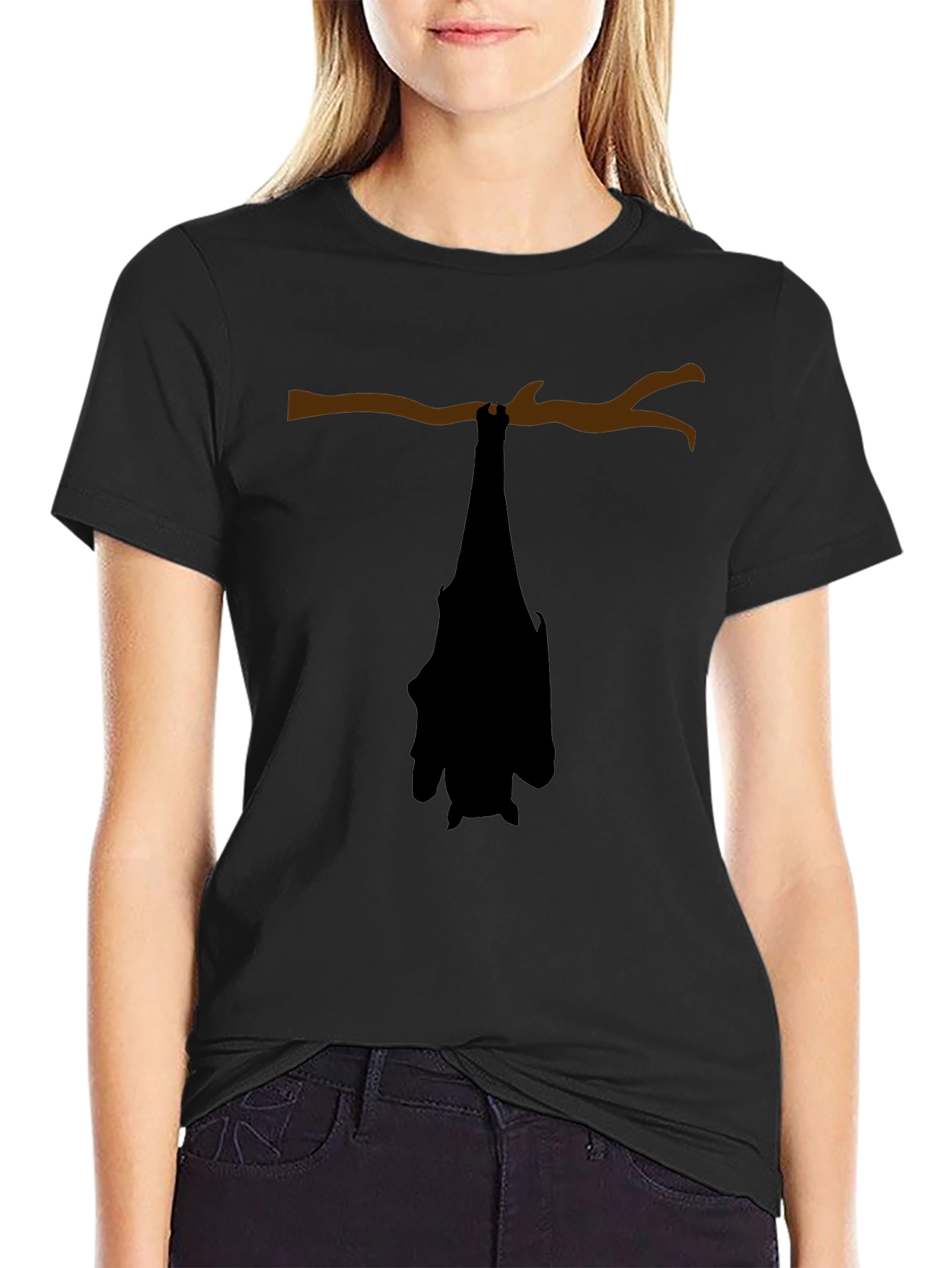 Black Hanging Bat Graphic Tee - Black Cotton Casual Top view 2
