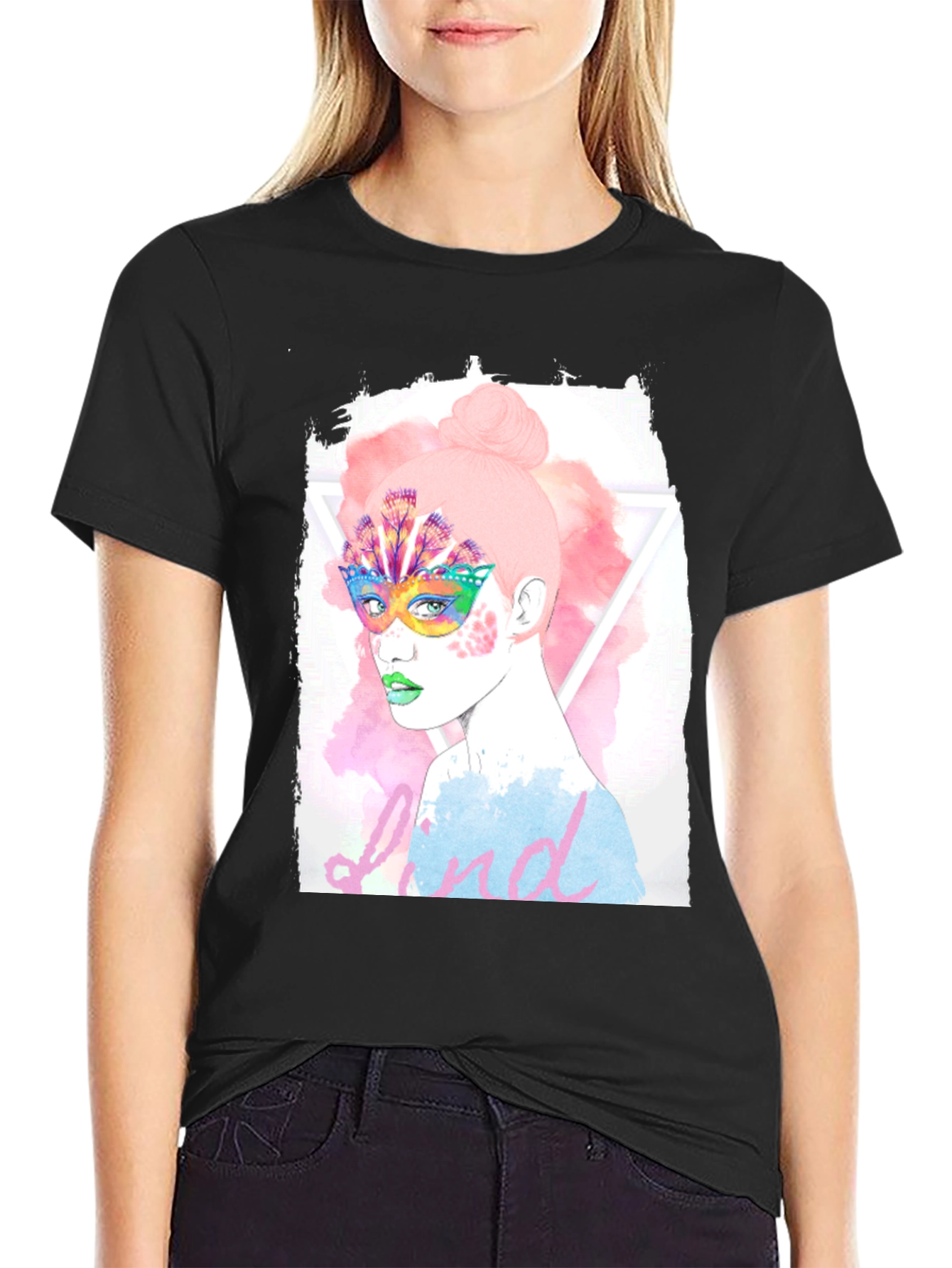 Black Graphic Print Tee - Colorful Mask Woman view 2