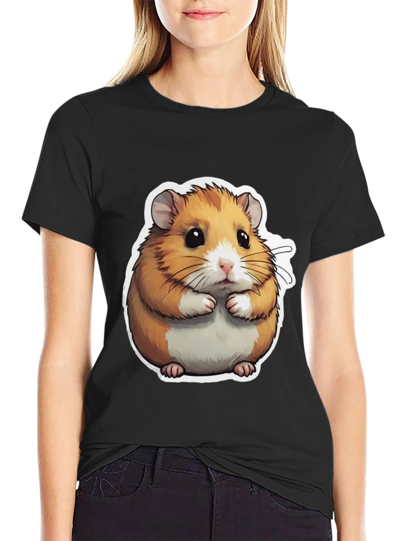 Black Cute Hamster Graphic Tee - Black Cotton Blend view 2
