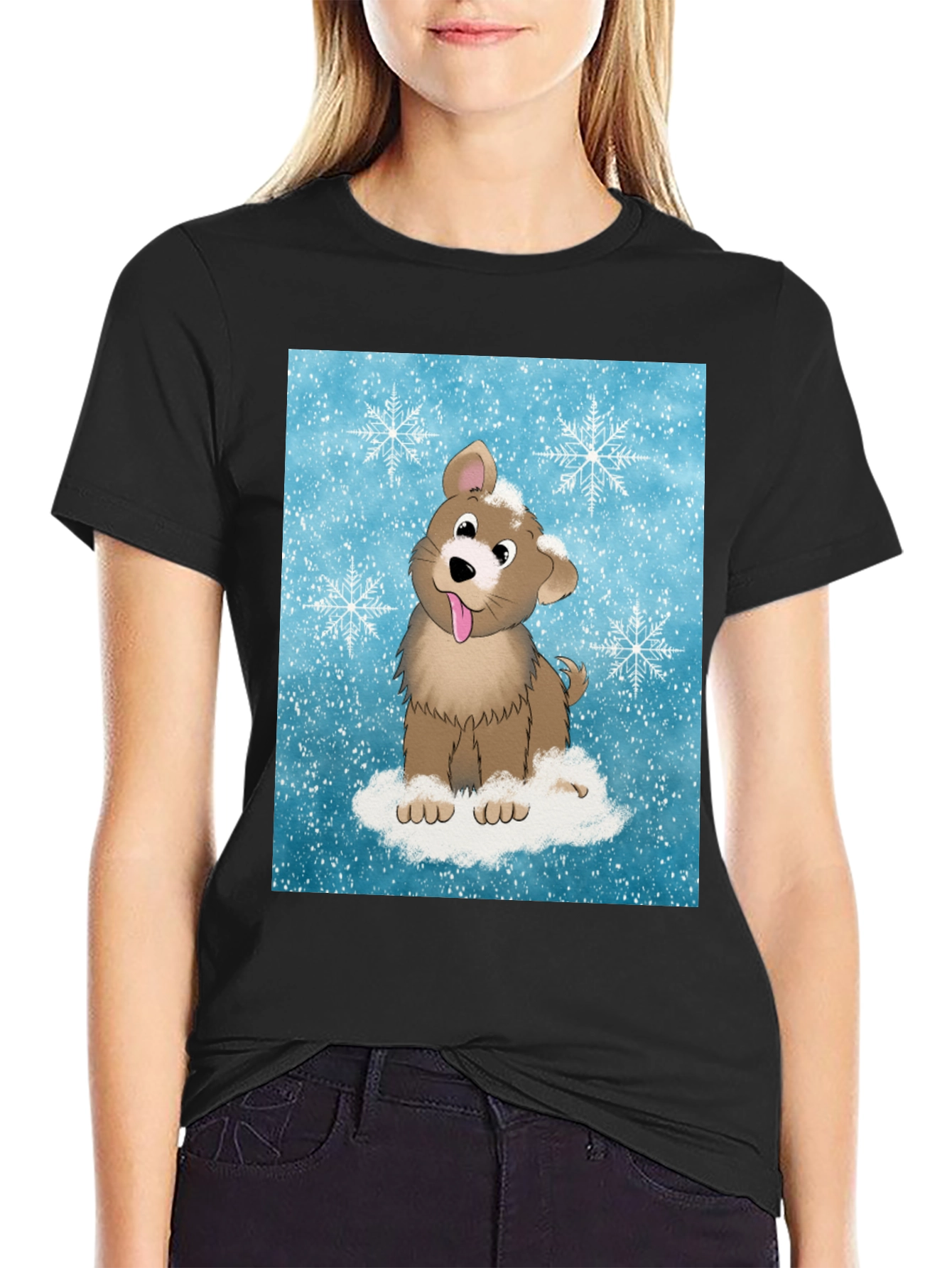 Black Cute Puppy Snowflake T-Shirt view 2