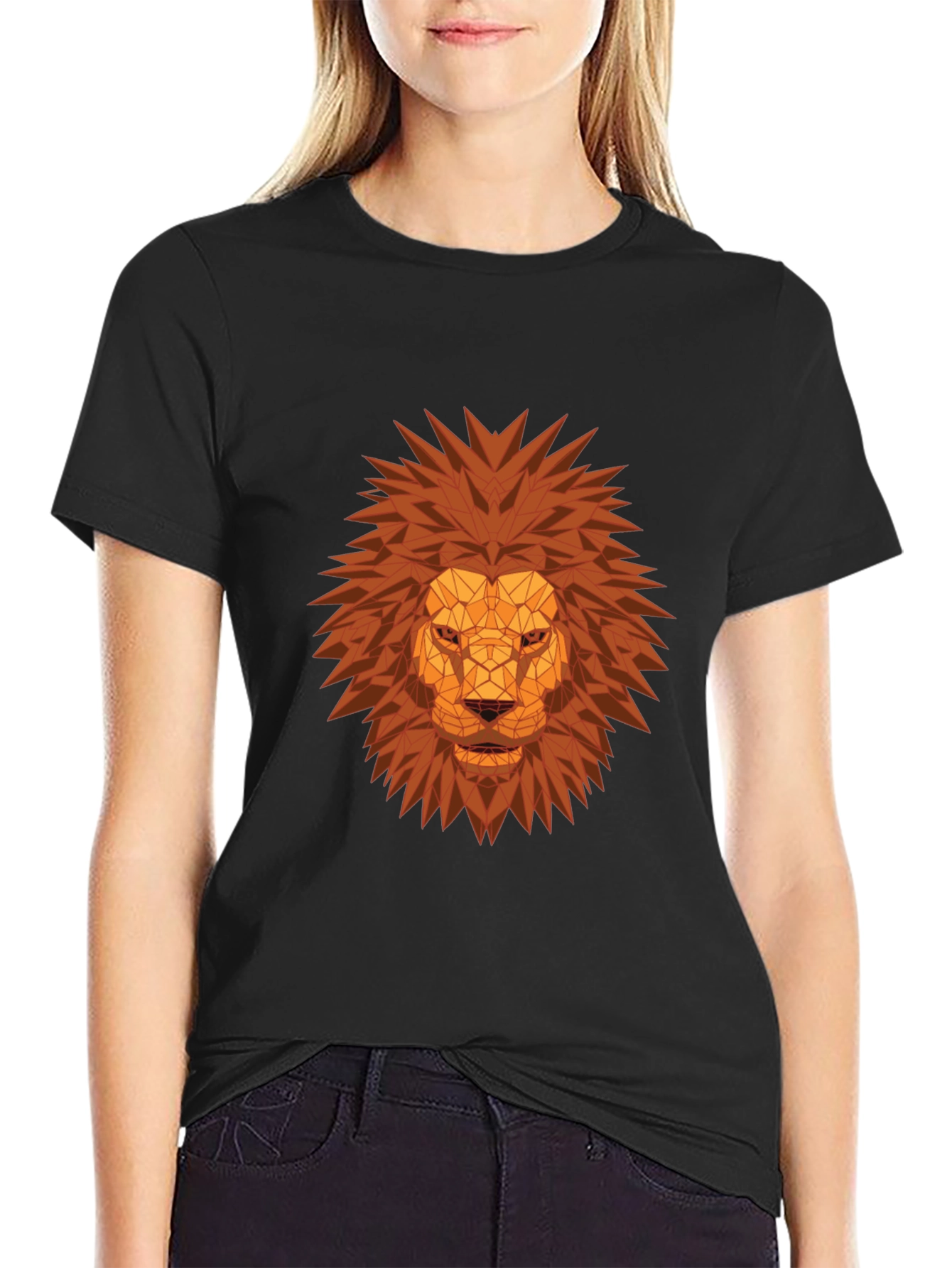 Black Geometric Lion Head Graphic Tee - Black view 2