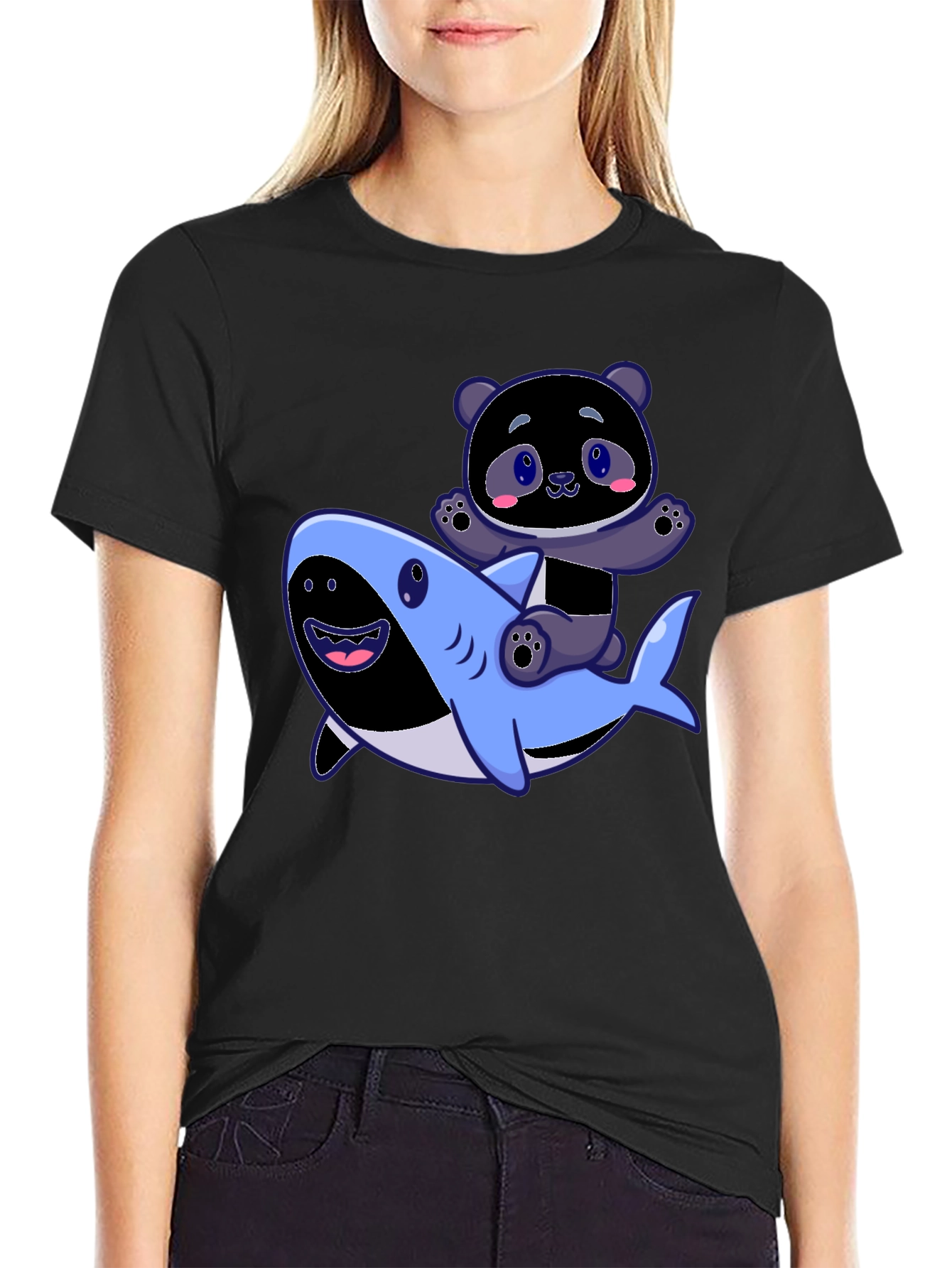 Black Panda Riding Shark Graphic Tee - Fun Black T-Shirt view 2