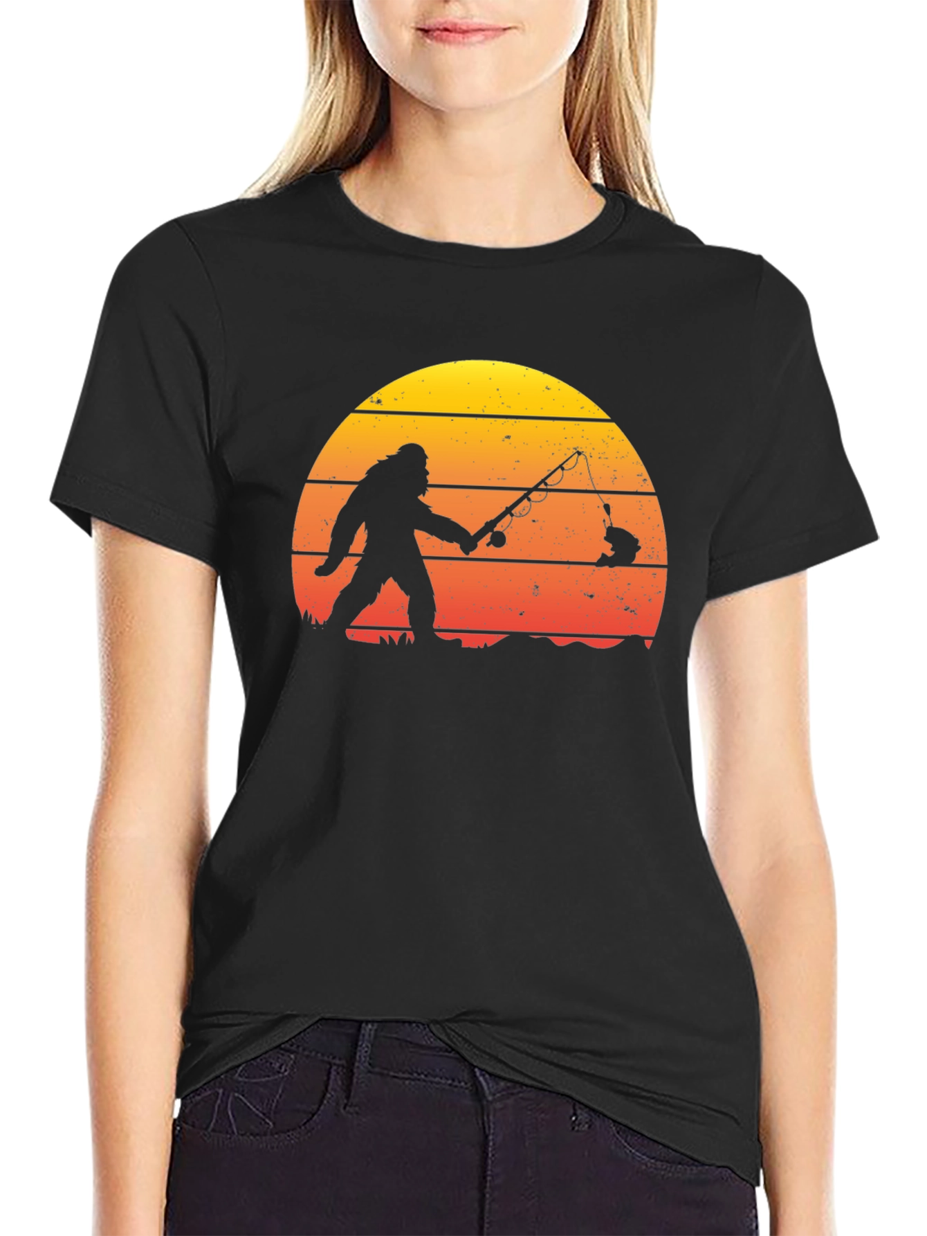 Black Bigfoot Fishing Sunset Graphic T-Shirt view 2
