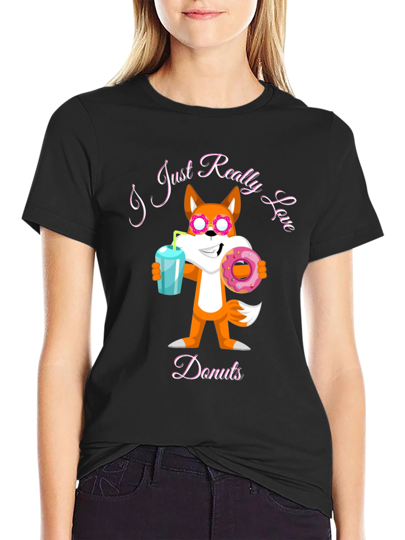 Black Funny Fox Loves Donuts Graphic T-Shirt view 2