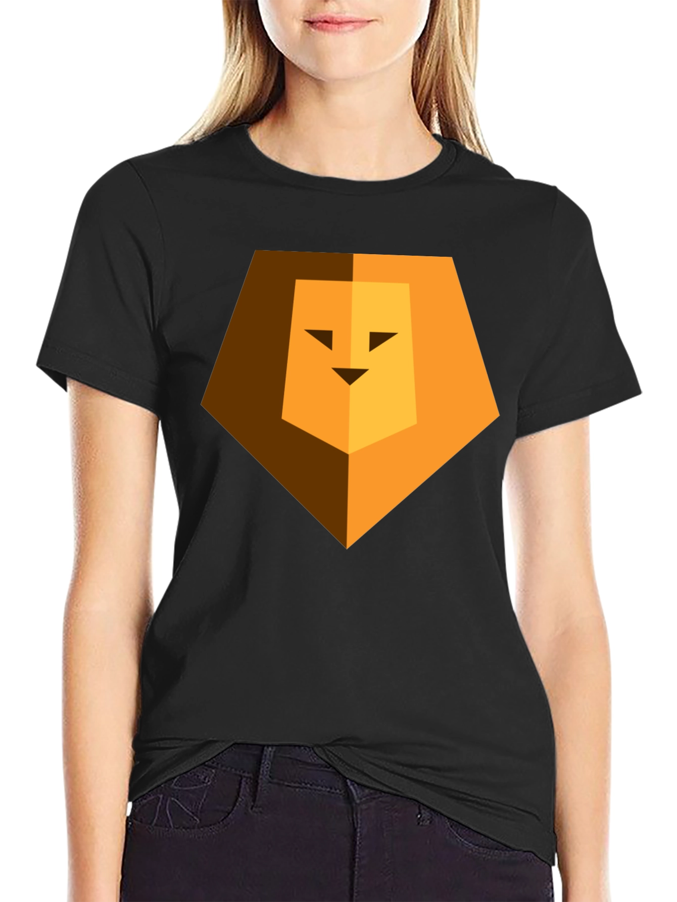 Black Geometric Lion Head Graphic Print Black Tee view 2