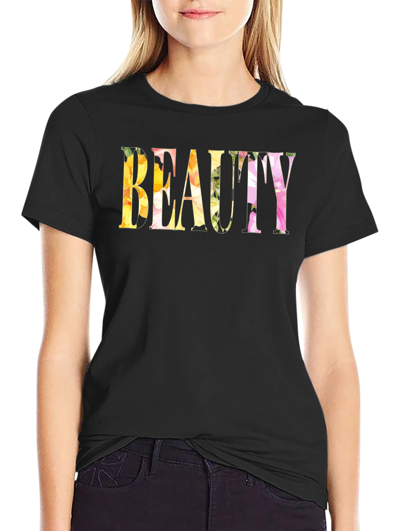 Black Floral Beauty Graphic T-Shirt view 2