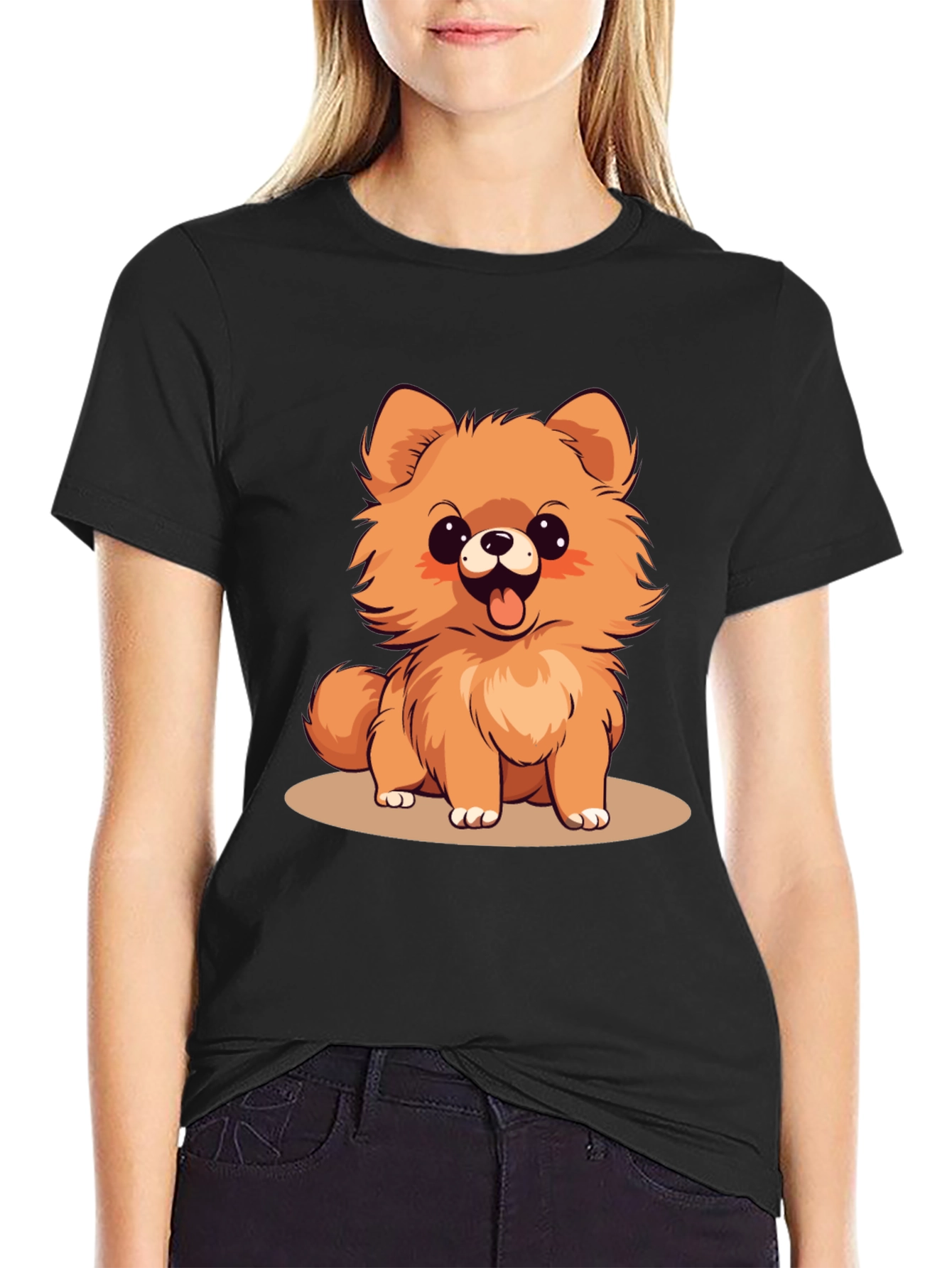Black Cute Pomeranian Dog Cartoon Graphic T-Shirt view 2
