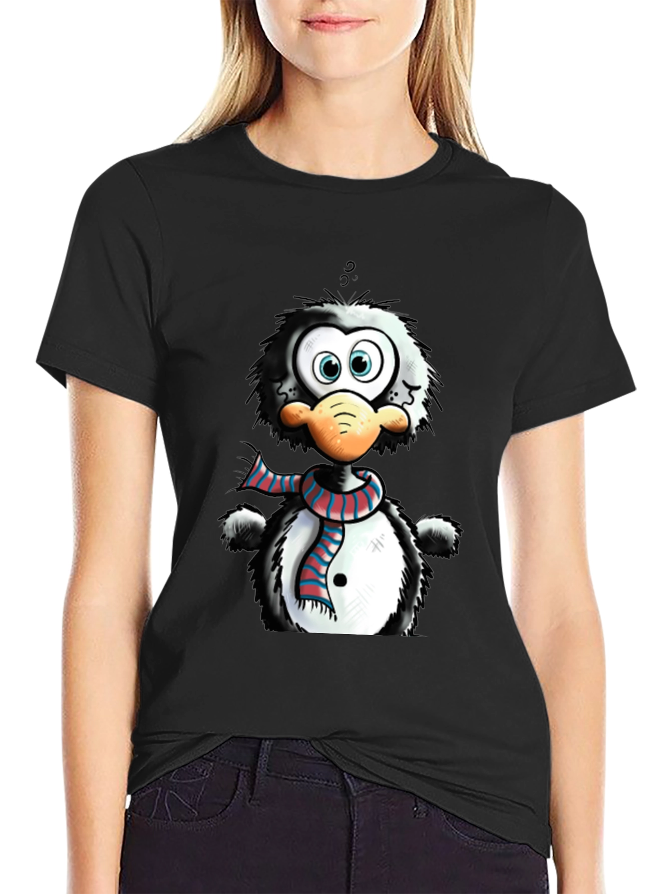 Black Cartoon Penguin Graphic Tee - Quirky Style view 2