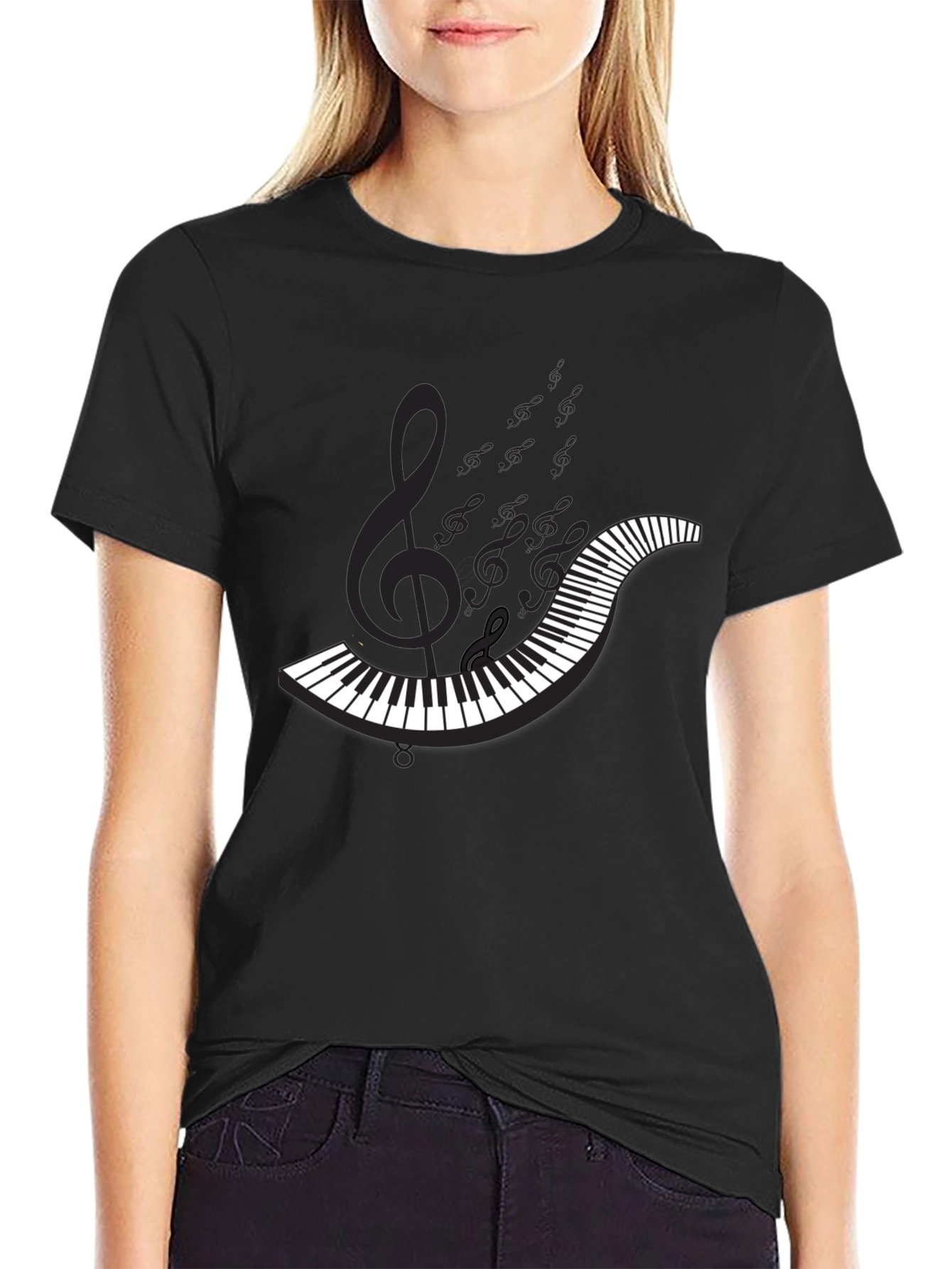 Black Piano Keys & Notes Black T-Shirt - Music Lover Apparel view 2