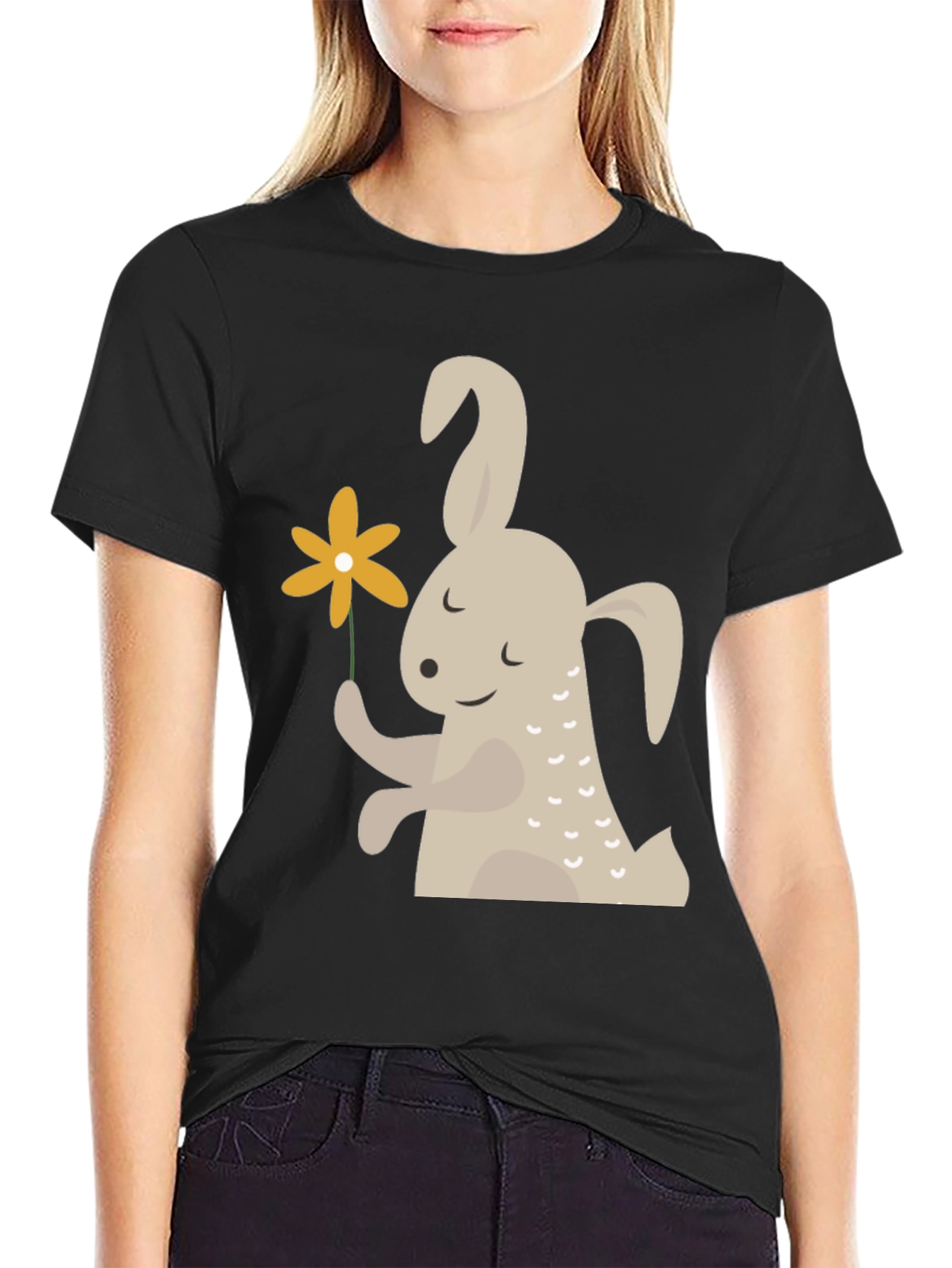 Black Cute Bunny Holding Flower Graphic T-Shirt view 2