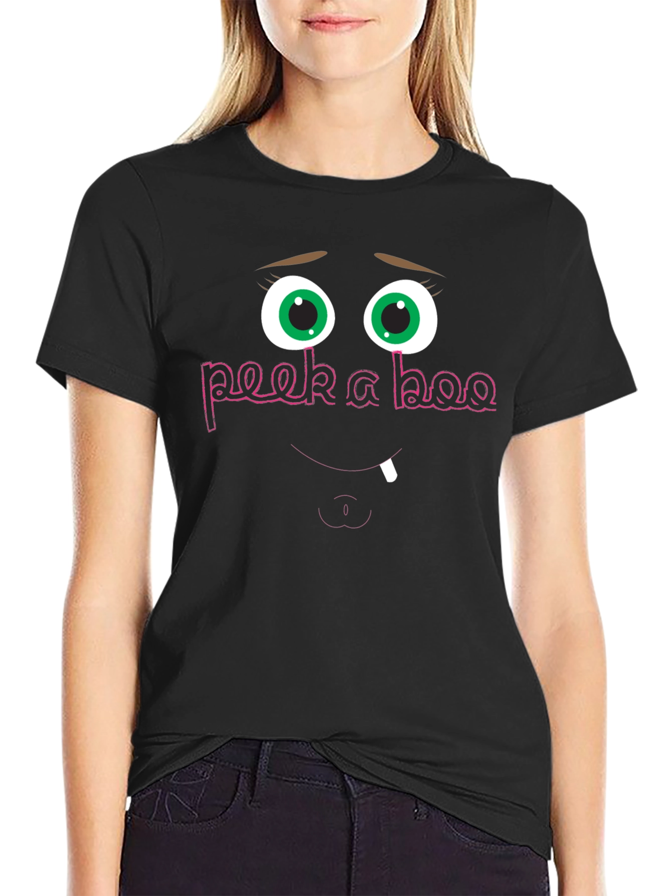 Black Peek-a-Boo Funny Face Graphic Tee - Black Cotton Shirt view 2