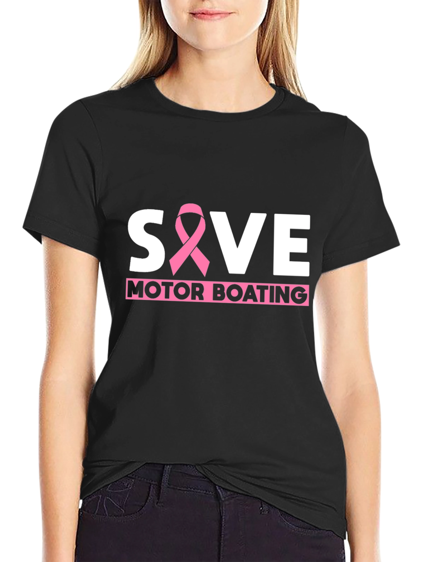Black Save Motor Boating T-Shirt - Breast Cancer Awareness view 2