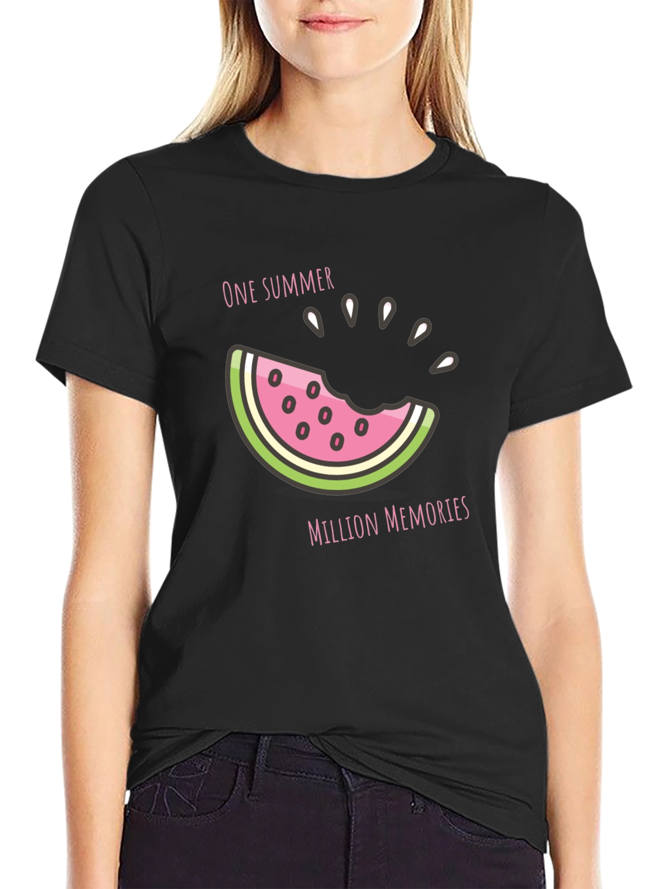 Black Summer Watermelon Graphic Tee - Black Cotton T-Shirt view 2