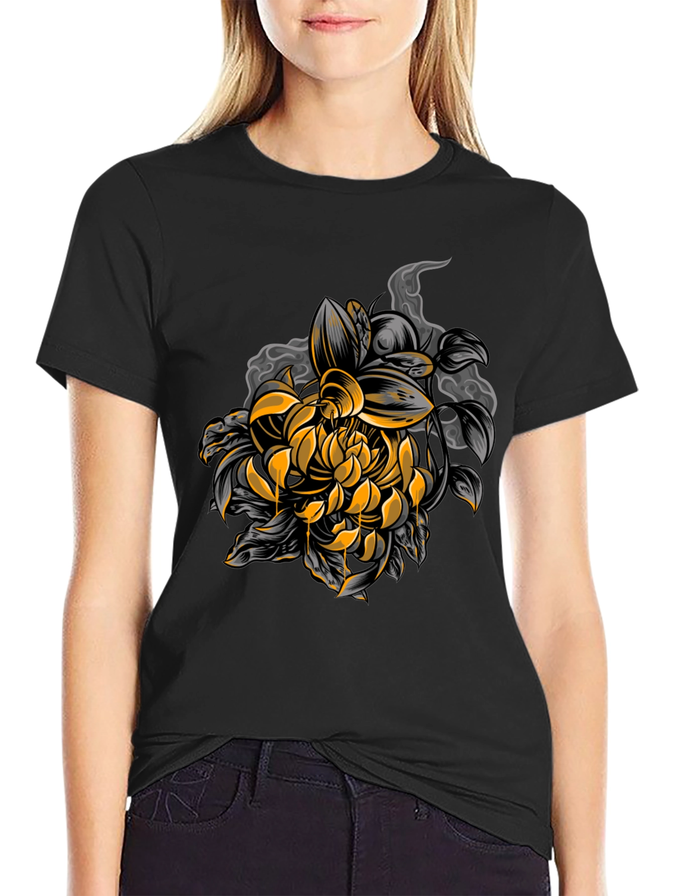 Black Chrysanthemum Graphic Black Tee view 2