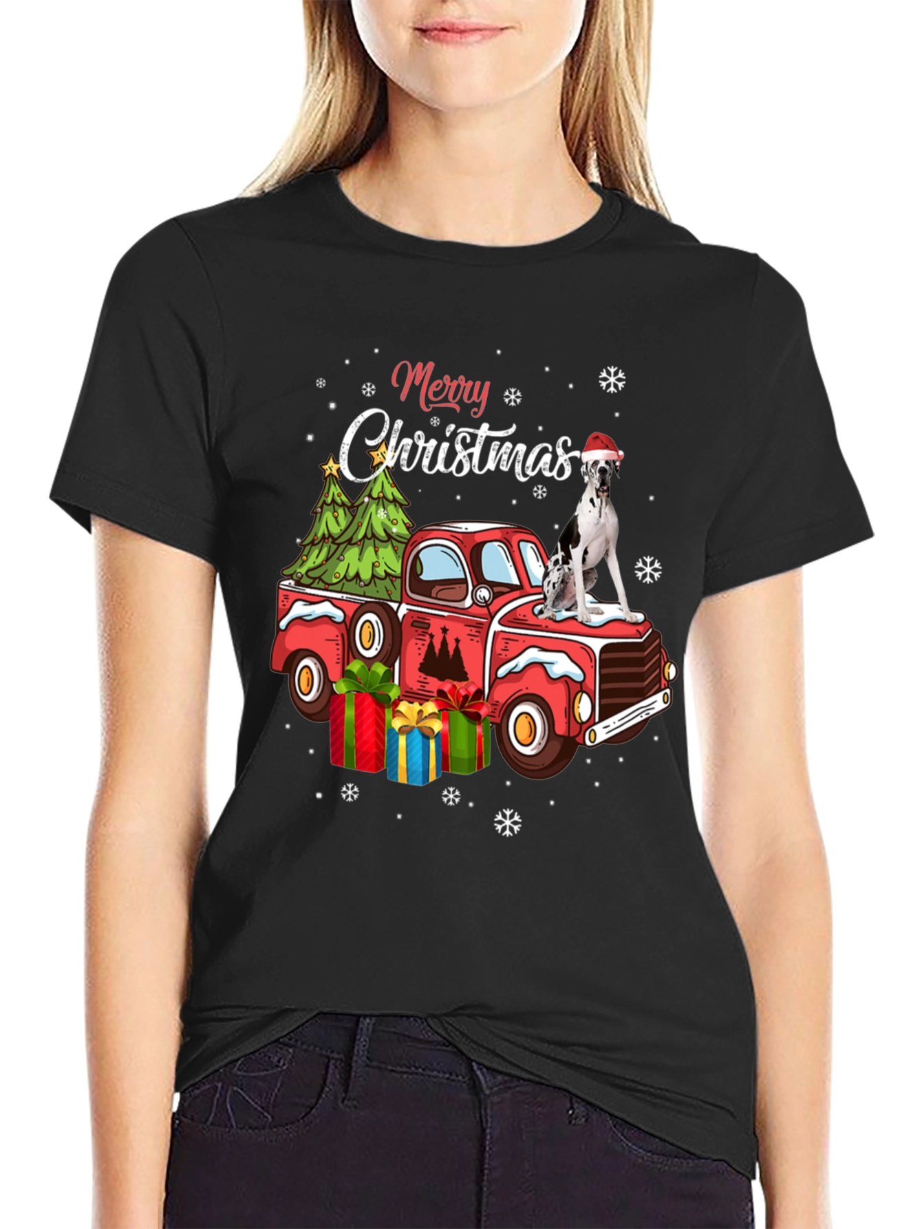 Black Merry Christmas Dog Truck T-Shirt view 2