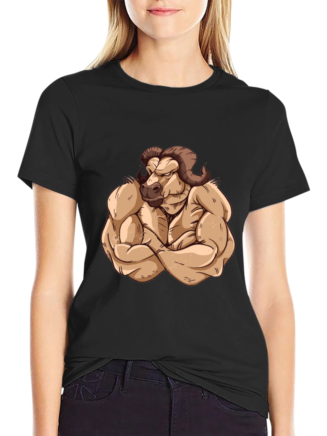 Black Muscled Ram Graphic Tee - Black Cotton T-Shirt view 2