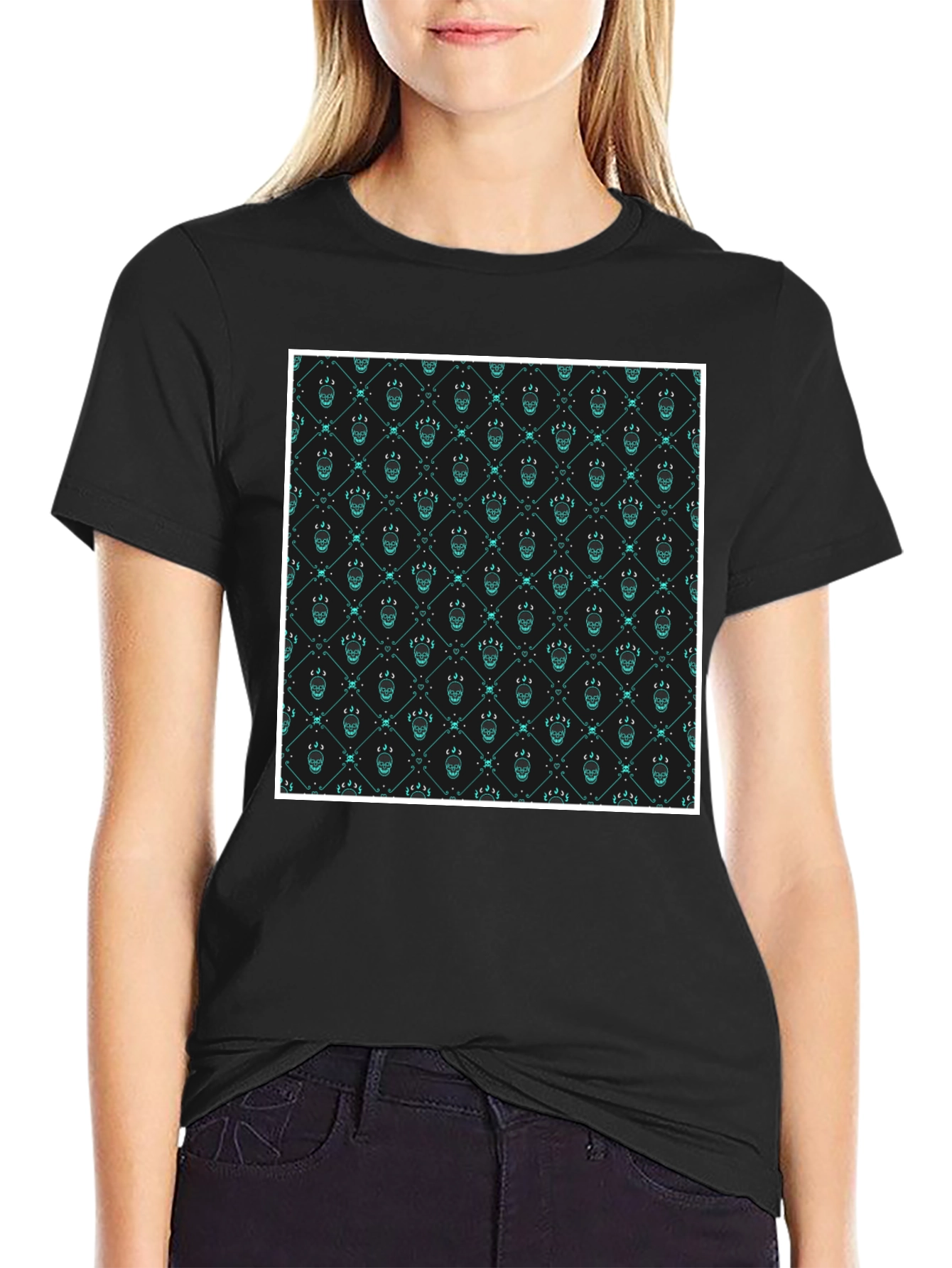Black Patterned Graphic Print Crew Neck T-Shirt view 2