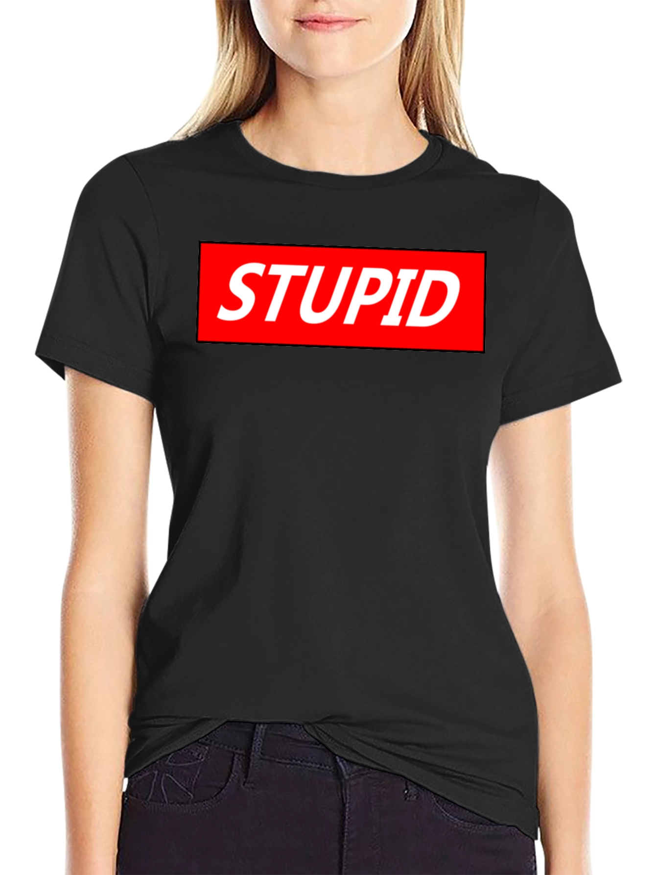 Black Statement Tee: Stupid Red Box Logo - Bold Black Shirt view 2