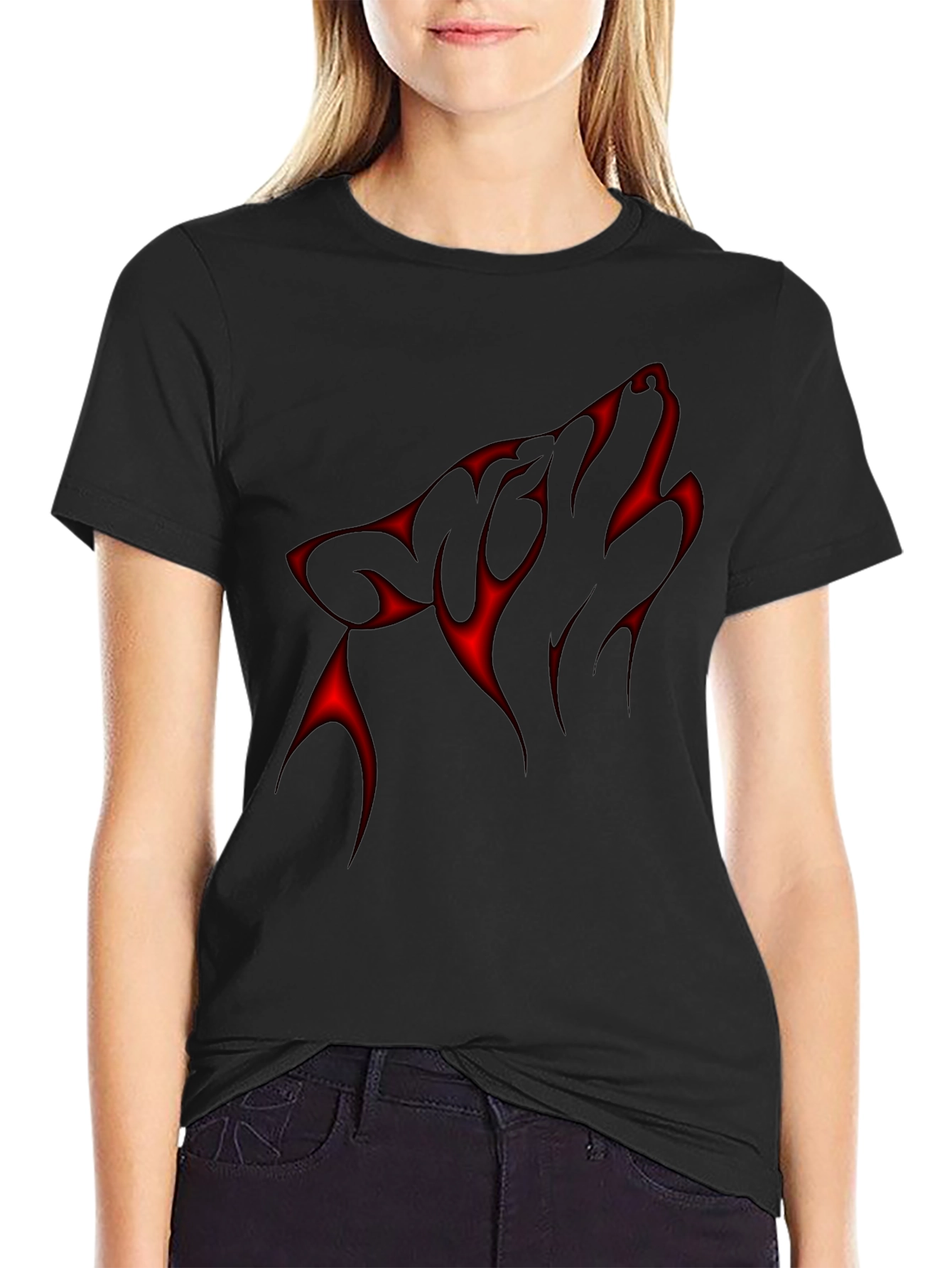 Black Black T-Shirt with Red Wolf Silhouette Design view 2