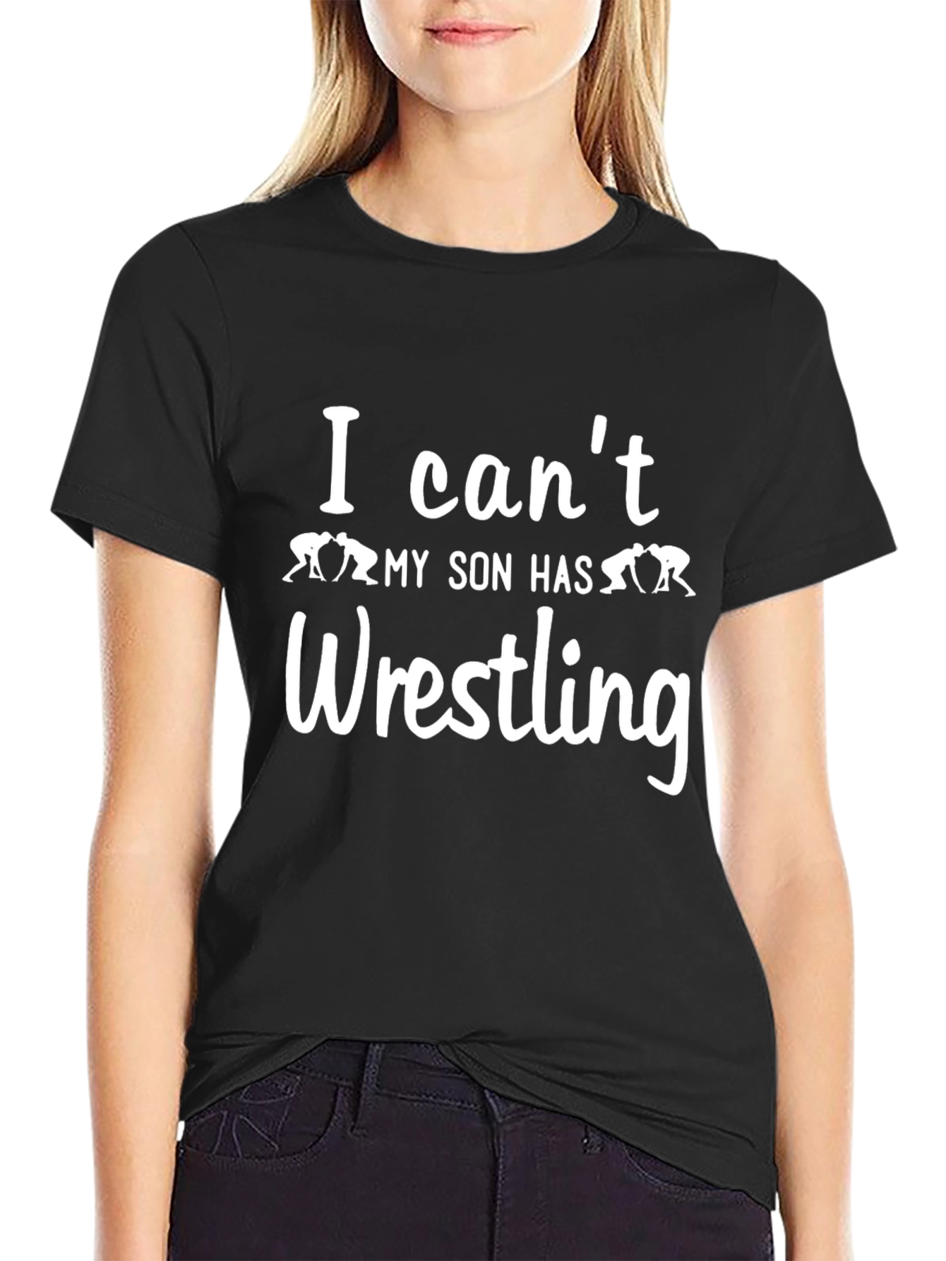Black Wrestling Dad T-Shirt: "I Can't, My Son Has Wrestling" view 2