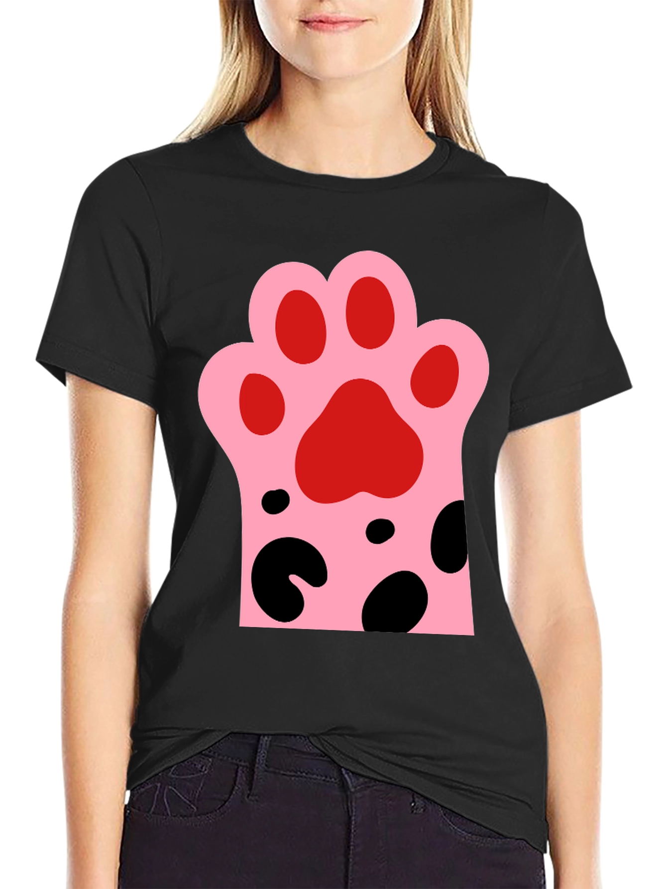 Black Cute Cat Paw Print Black T-Shirt view 2