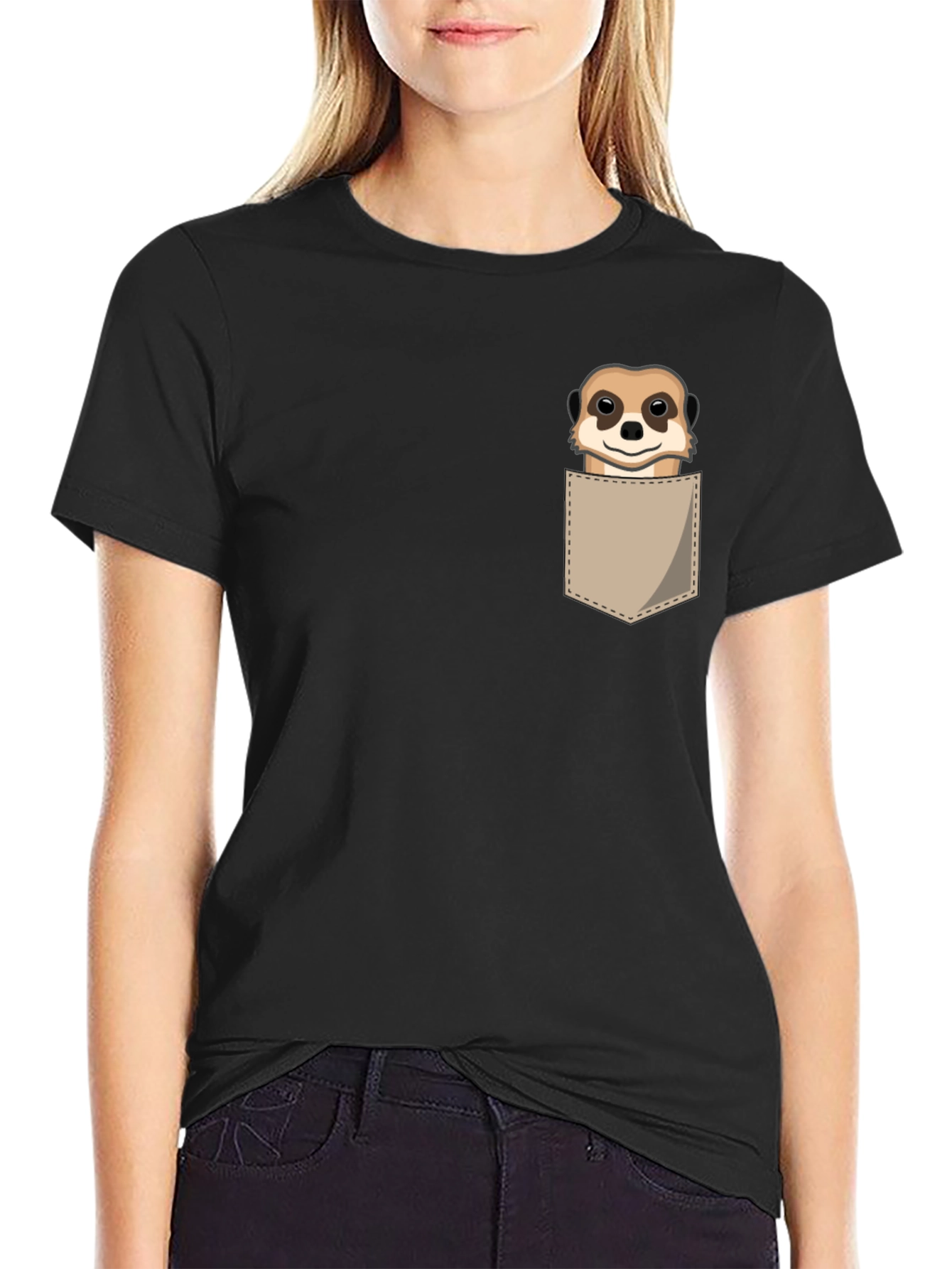 Black Meerkat Pocket T-Shirt - Novelty Cartoon Tee view 2