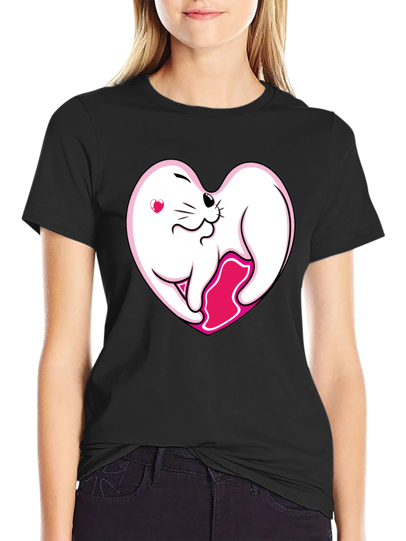Black Cute Seal Heart T-Shirt - Black Cotton Tee view 2