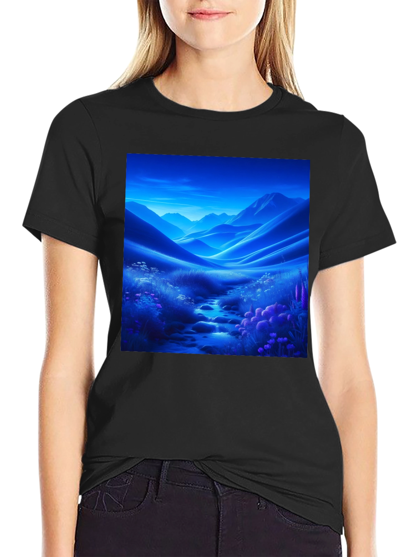 Black Scenic Mountain Stream T-Shirt view 2