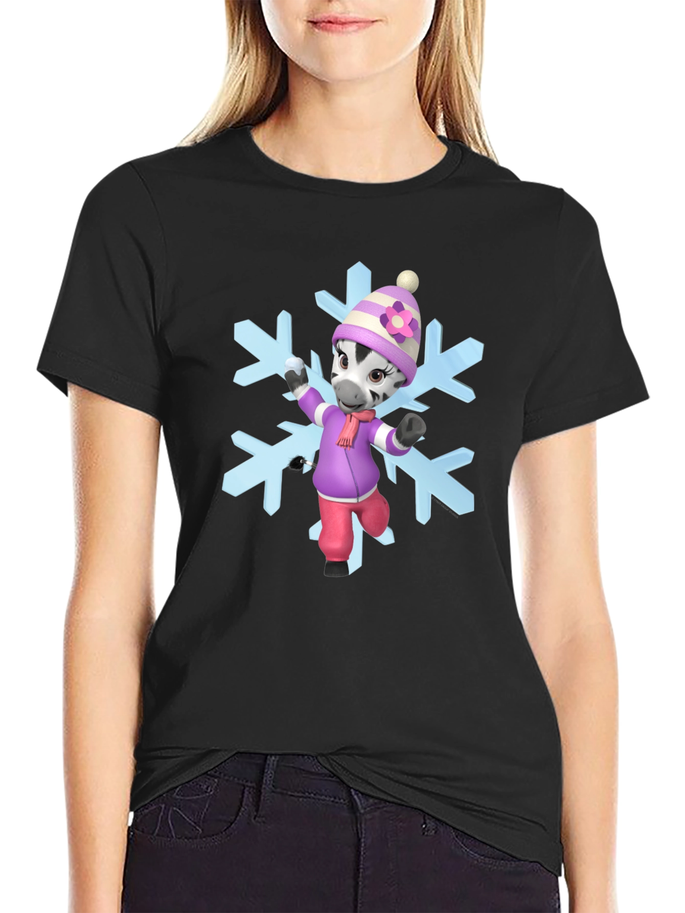 Black Zebra Cartoon Snowflake T-Shirt view 2