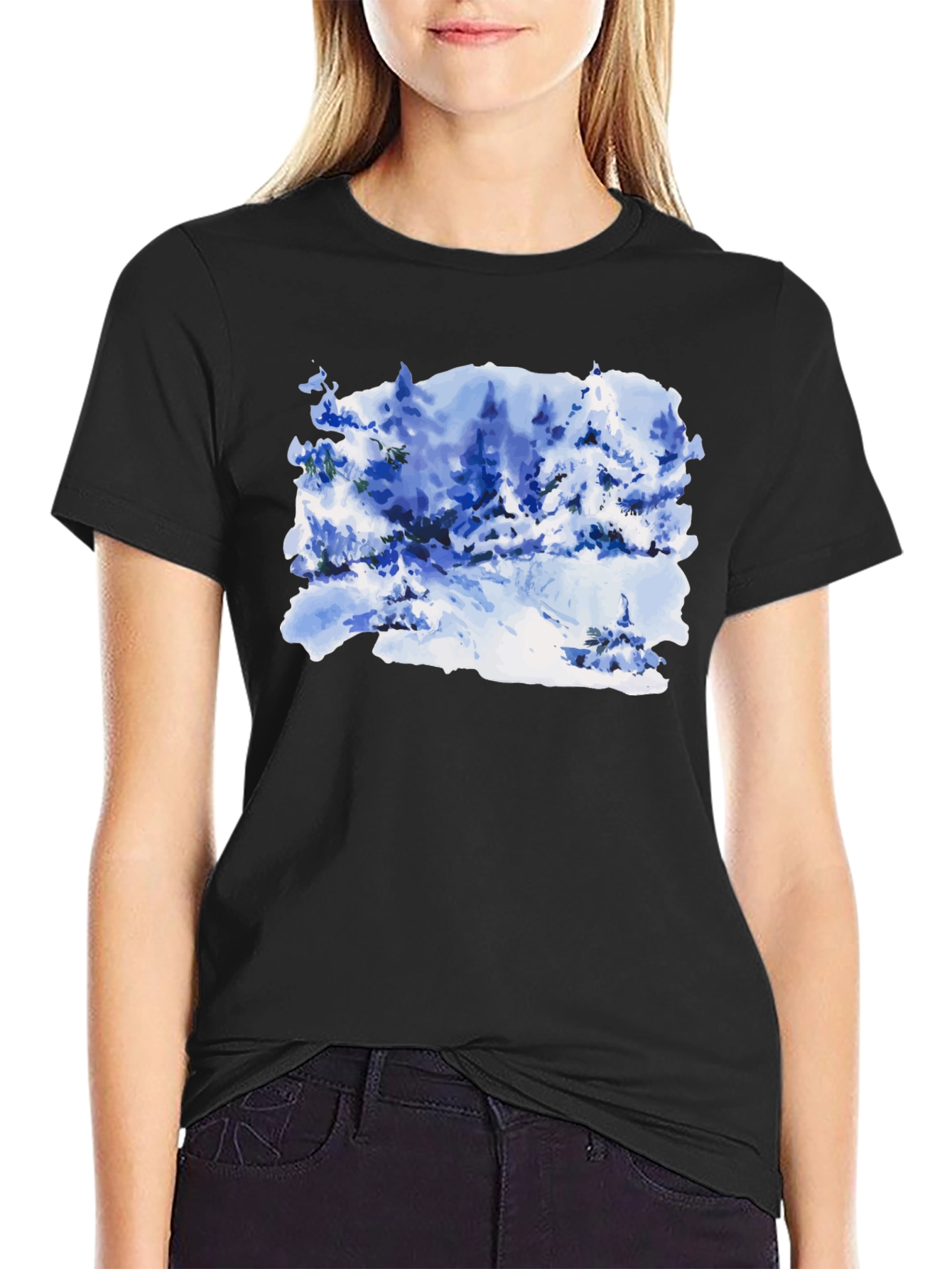 Black Watercolor Winter Scene Black T-Shirt view 2