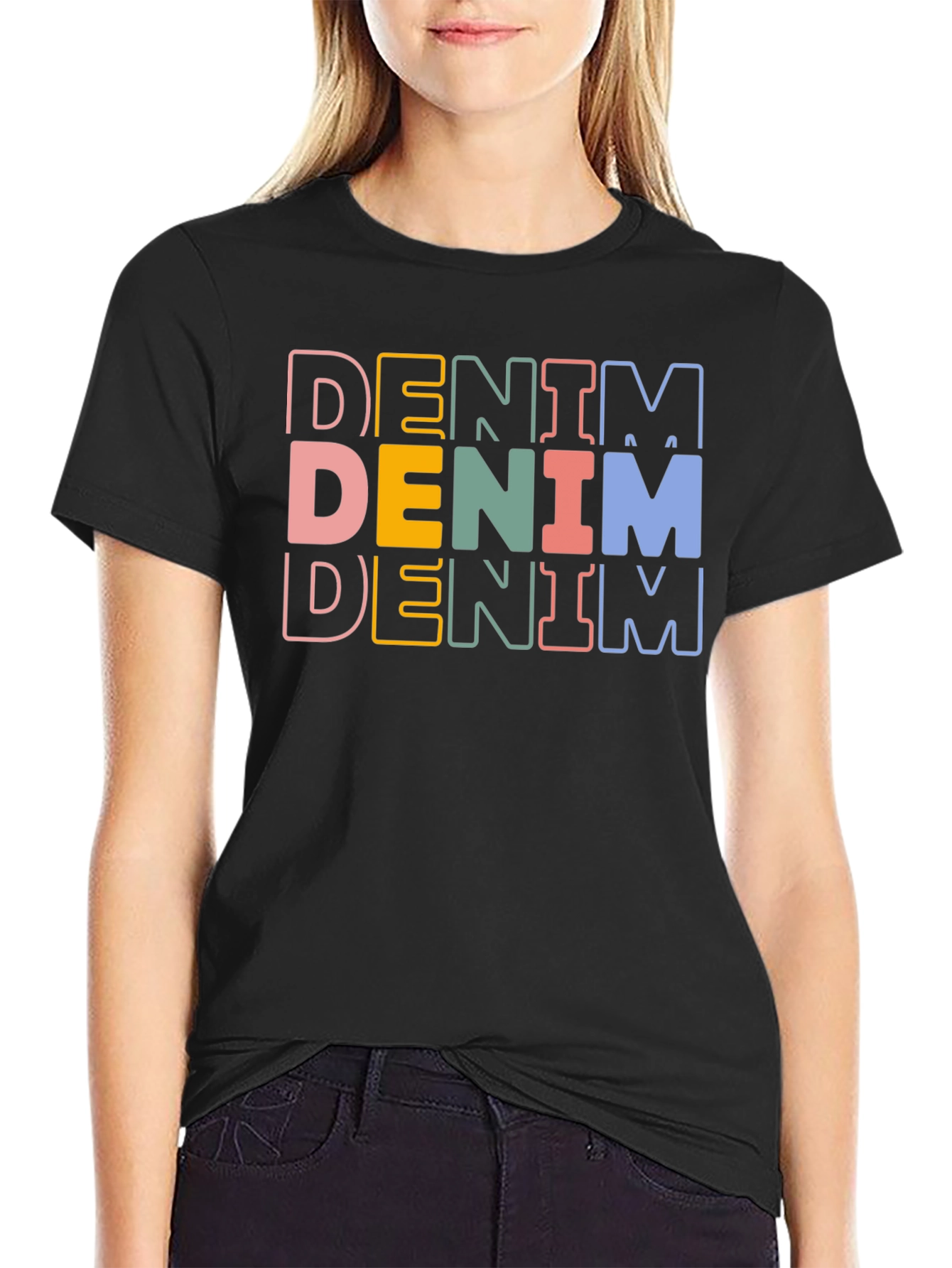 Black Denim Stacked Text Graphic Tee view 2