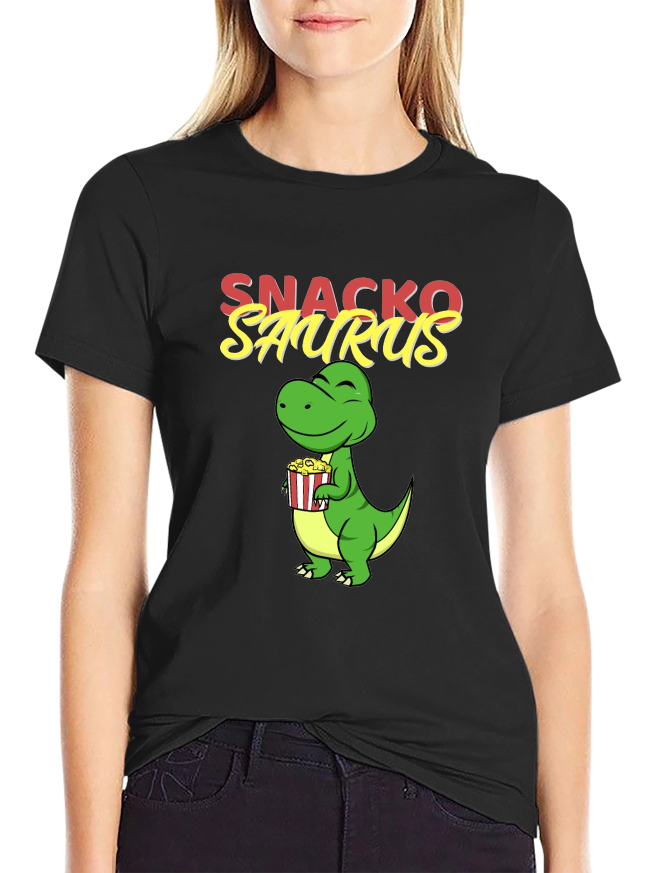 Black Snackosaurus Graphic Tee - Fun Dinosaur T-Shirt view 2