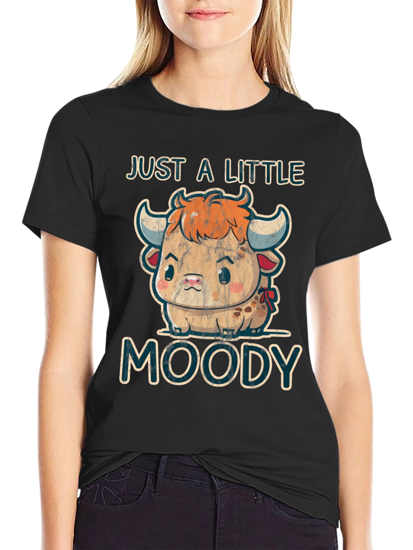 Black Moody Cow Graphic Tee - Cute Cartoon Animal Shirt view 2