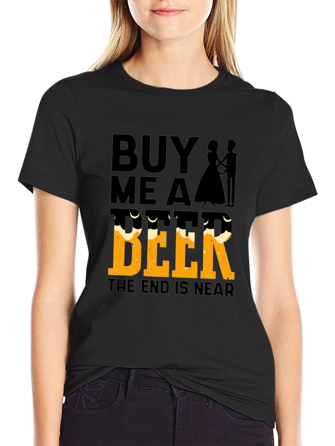 Black Buy Me a Beer, The End Is Near - Funny Wedding T-Shirt view 2