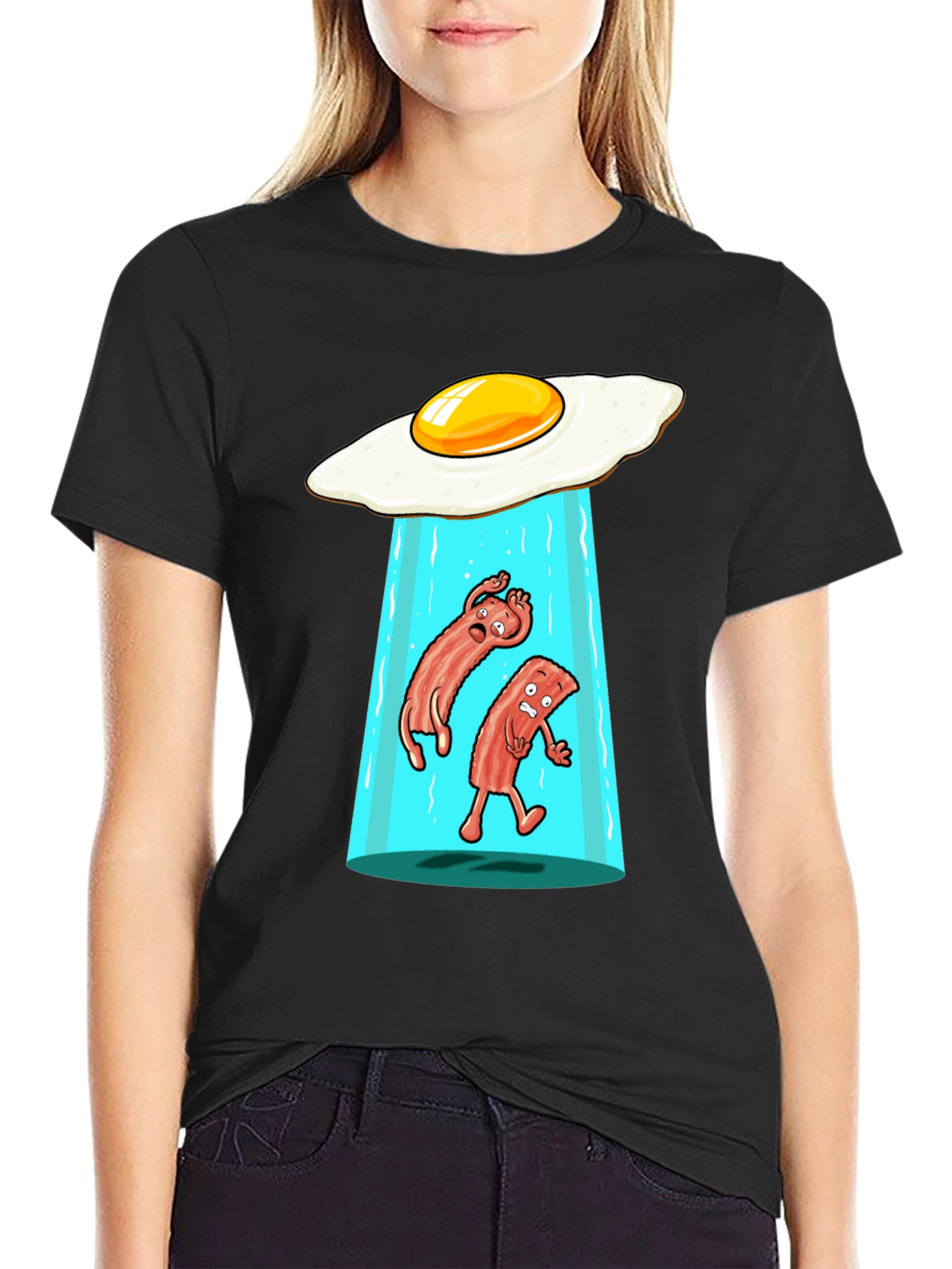 Black Funny Alien Abduction Breakfast T-Shirt view 2