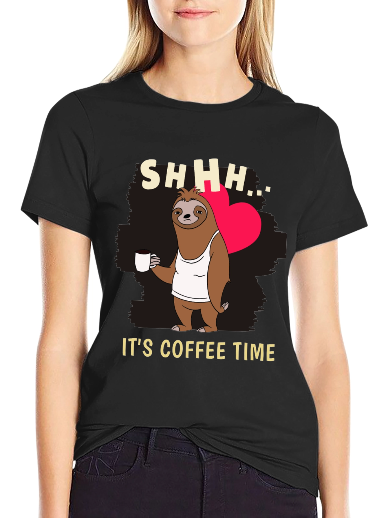 Black Funny Sloth Coffee Time T-Shirt view 2