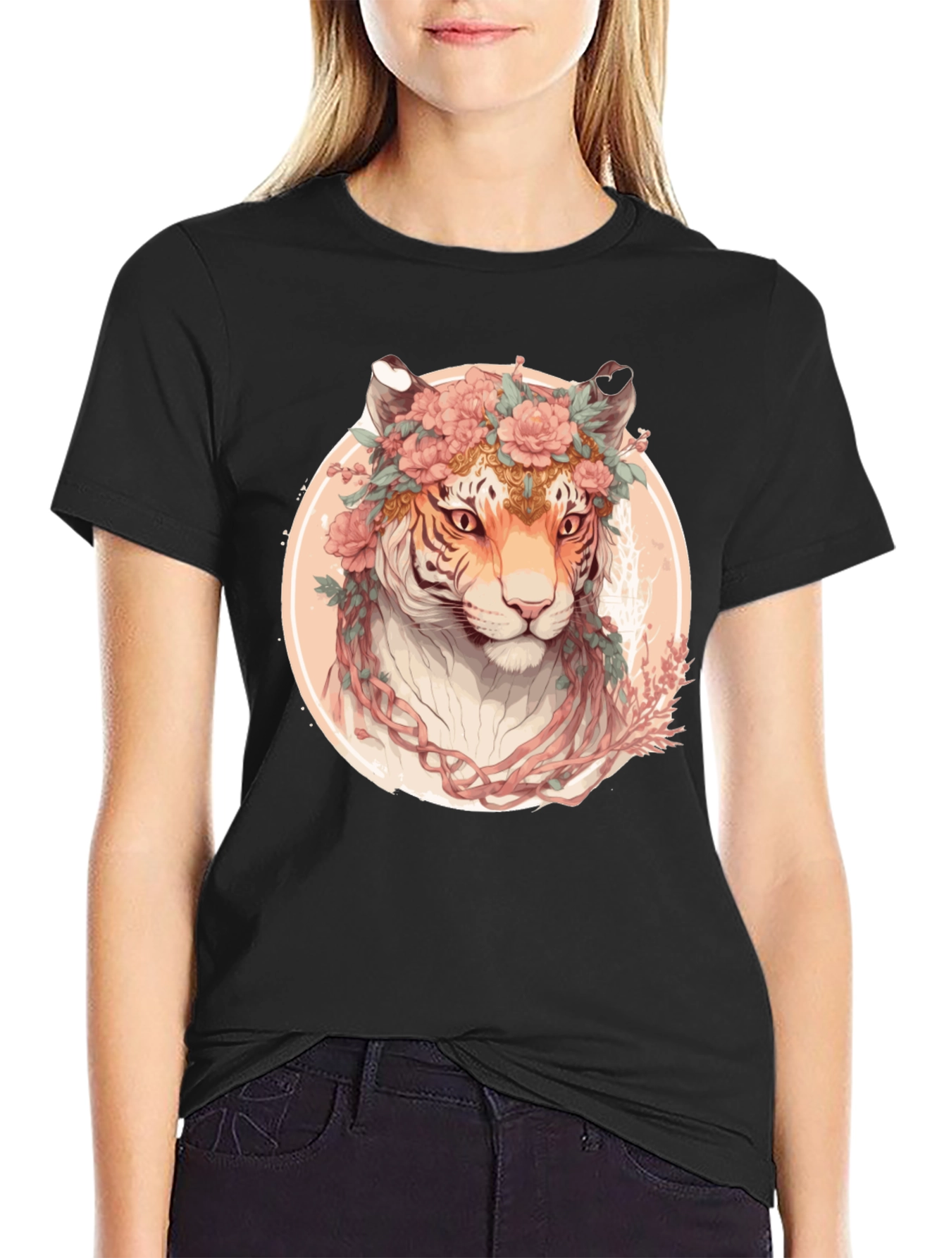 Black Floral Tiger Graphic T-Shirt - Unique Artistic Design view 2