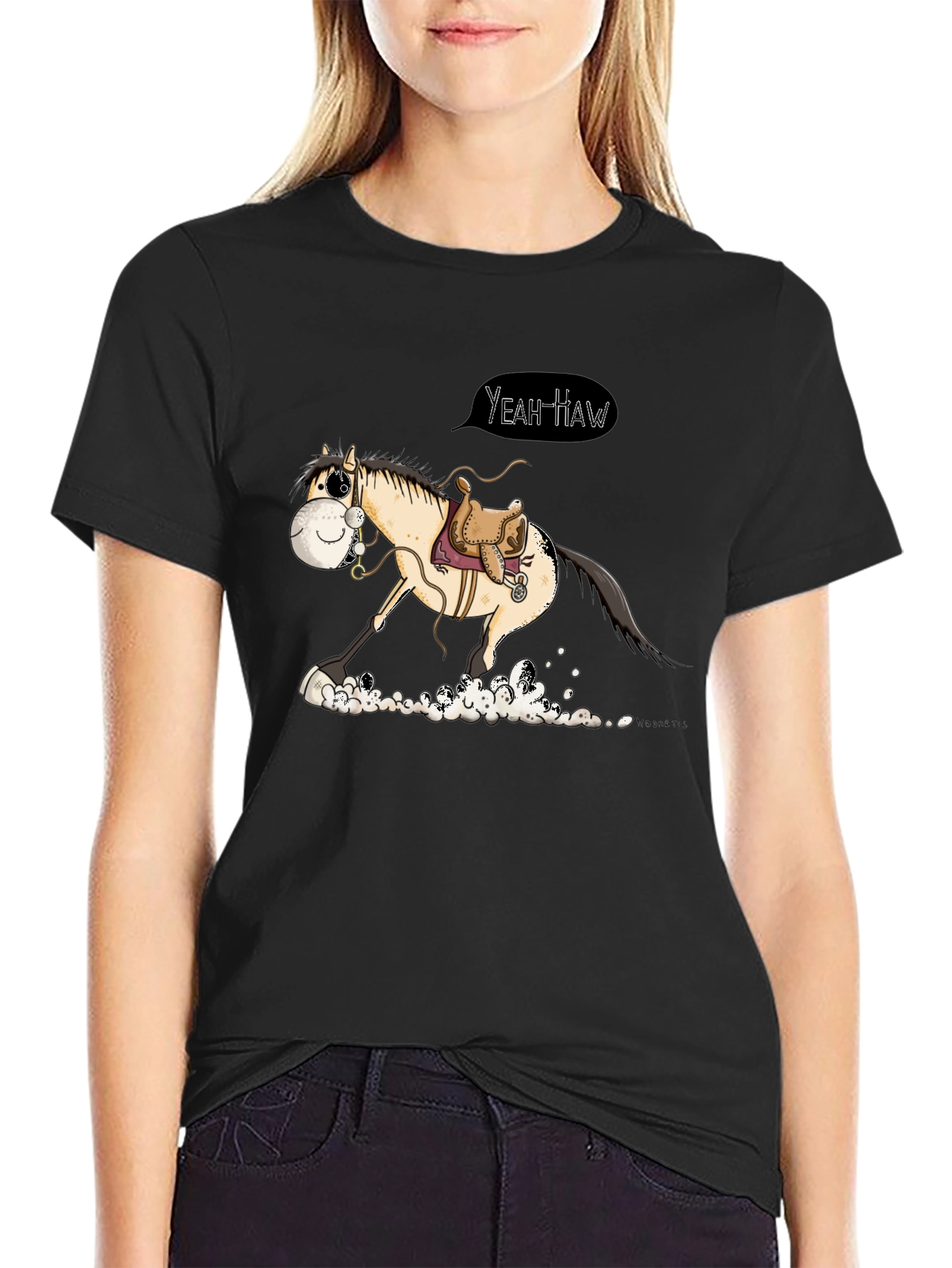 Black Yeah Haw Horse Cartoon Graphic T-Shirt view 2