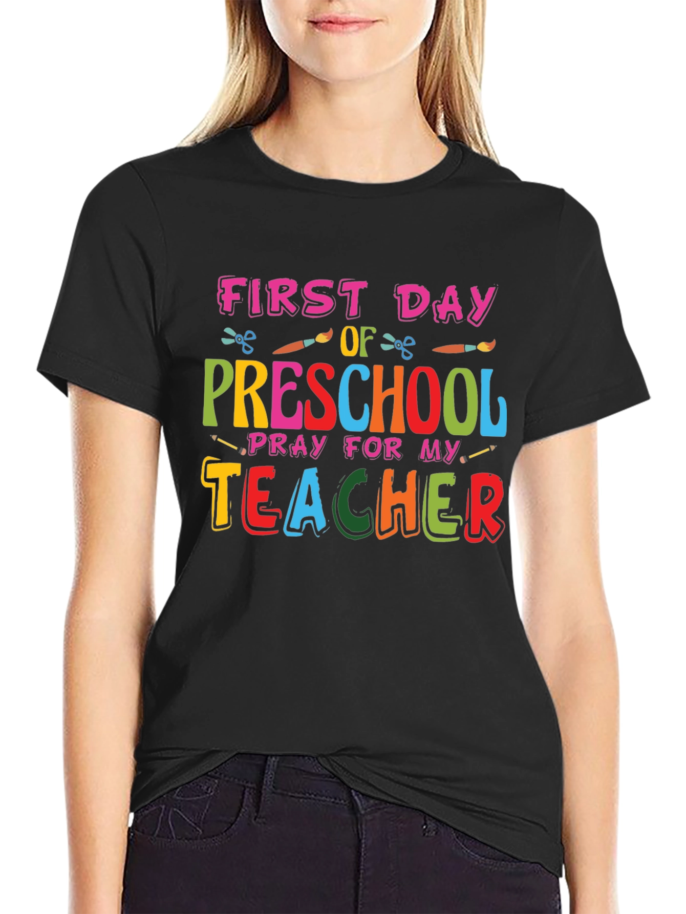 Black First Day of Preschool Teacher Graphic Tee view 2
