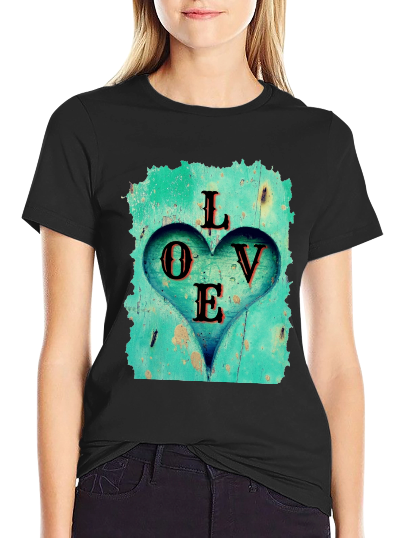 Black Love Heart Graphic Tee - Black Casual T-Shirt view 2