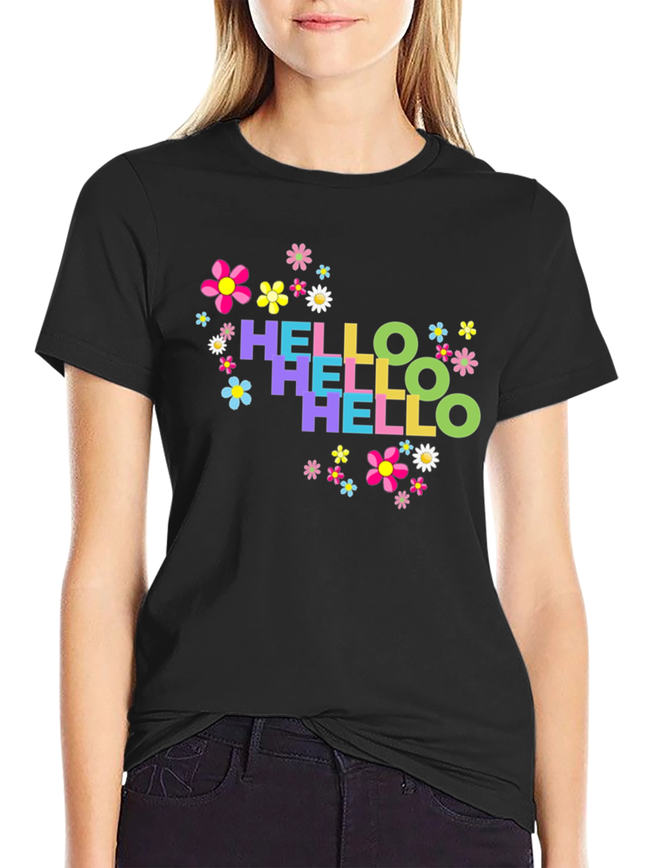 Black Hello Floral Graphic Tee - Black Cotton T-Shirt view 2