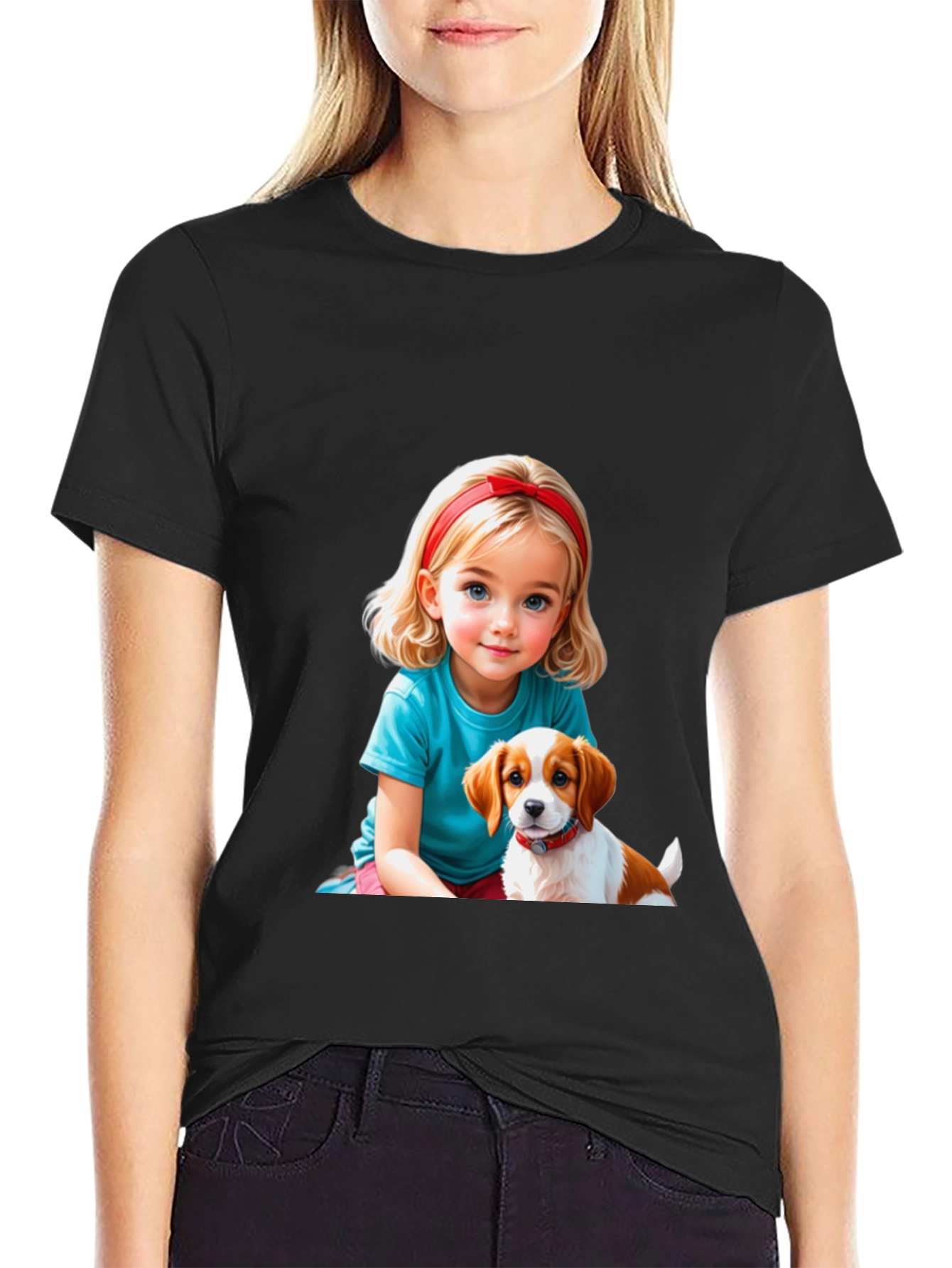 Black Cute Girl & Puppy Graphic Tee - Black Casual T-Shirt view 2
