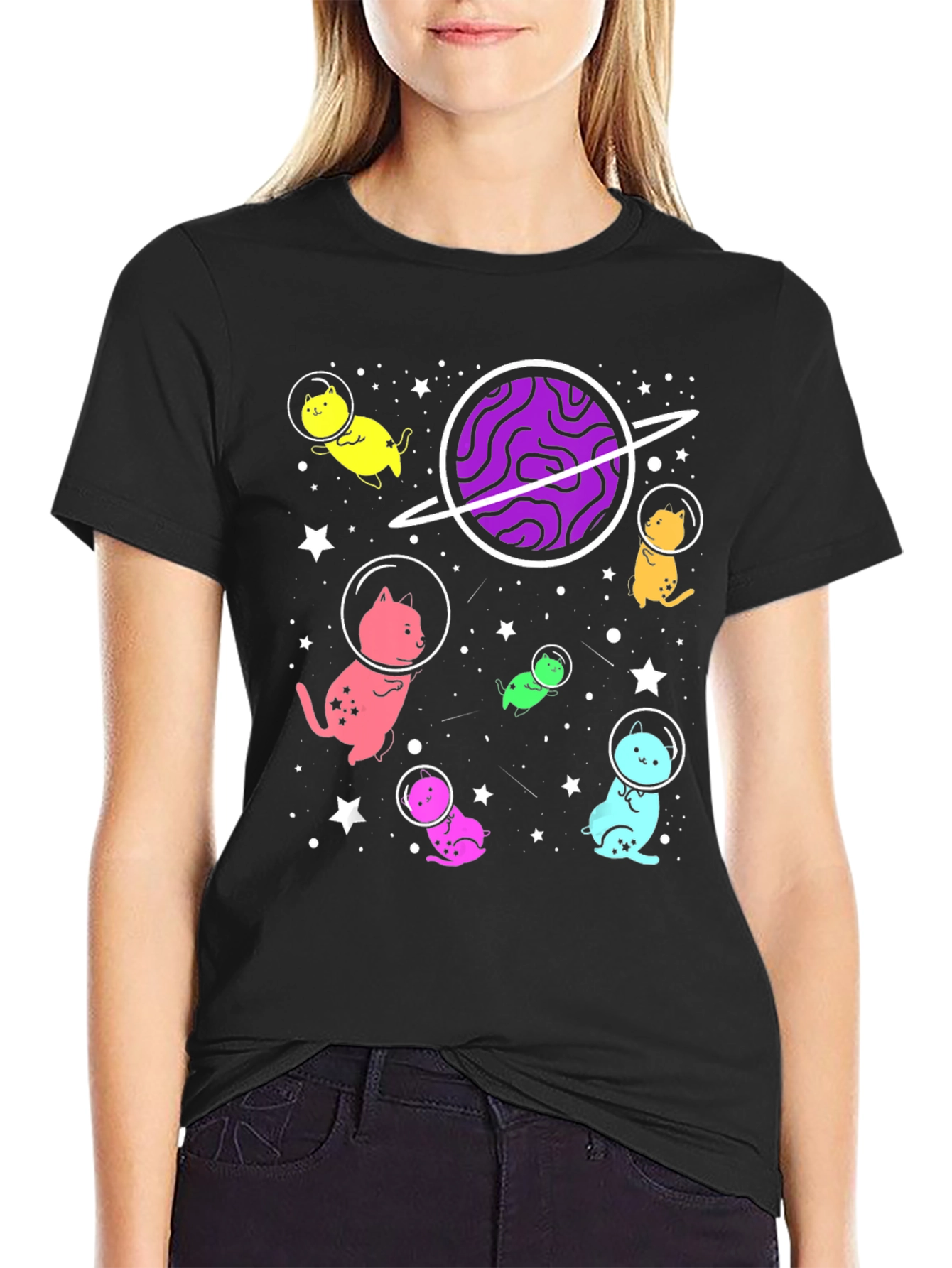 Black Cosmic Cat Astronaut T-Shirt view 2