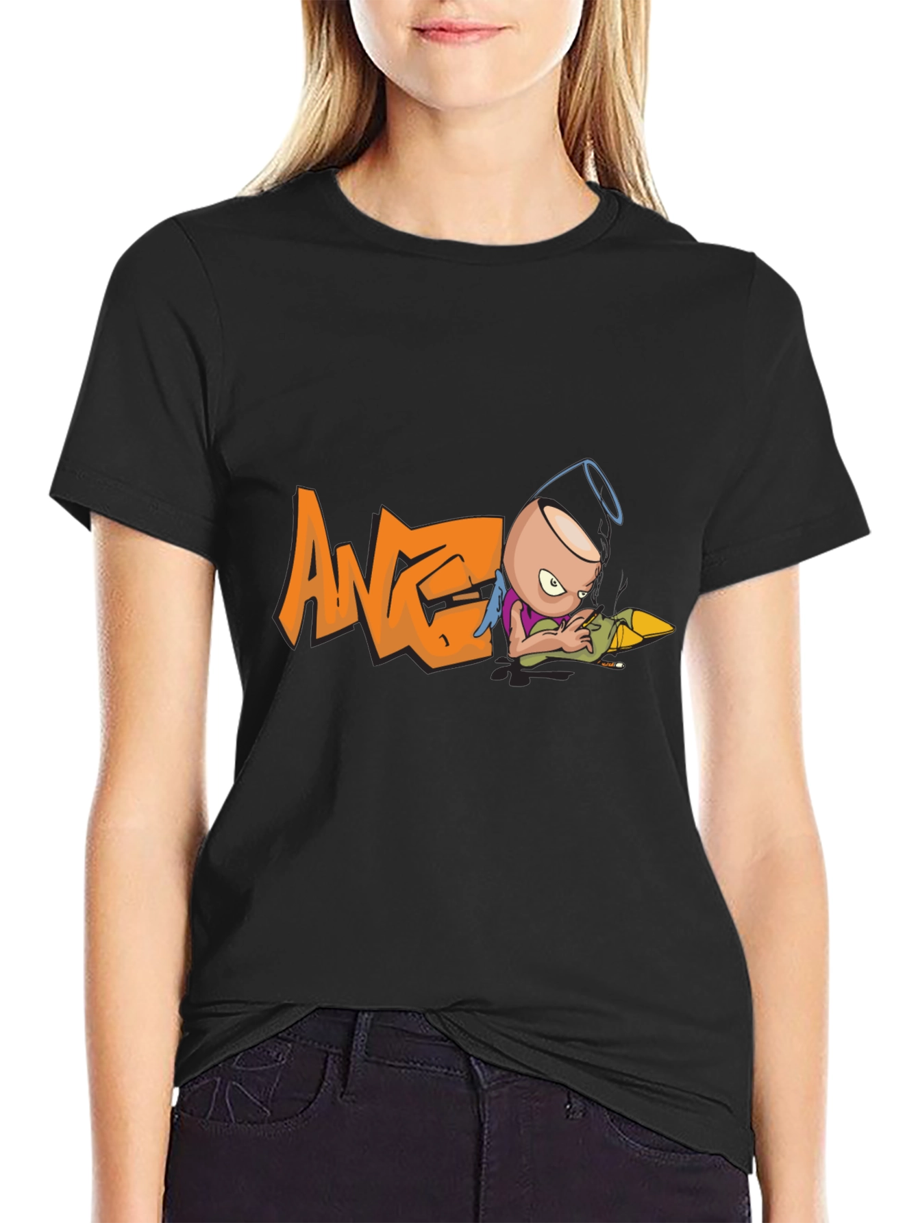 Black Angel T-Shirt - Black Cotton Tee with Cool Graphic Print view 2