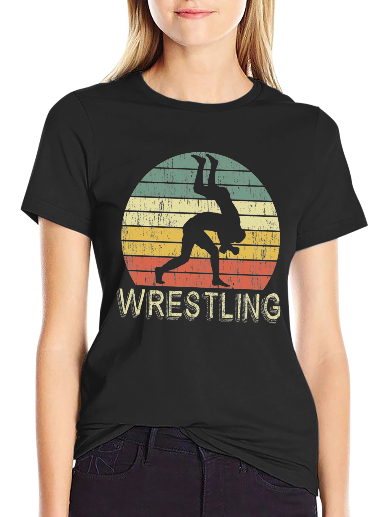 Black Vintage Wrestling Sunset T-Shirt view 2