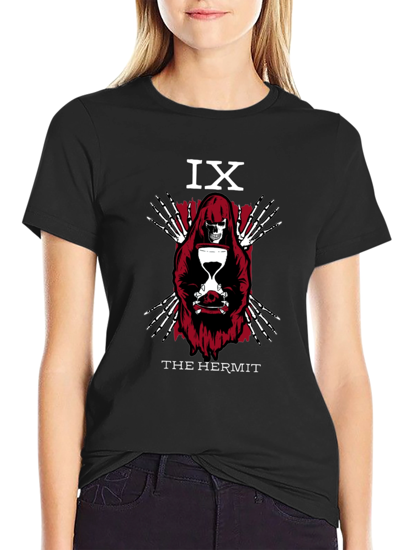 Black The Hermit Tarot Card T-Shirt - Gothic Skeleton Design view 2