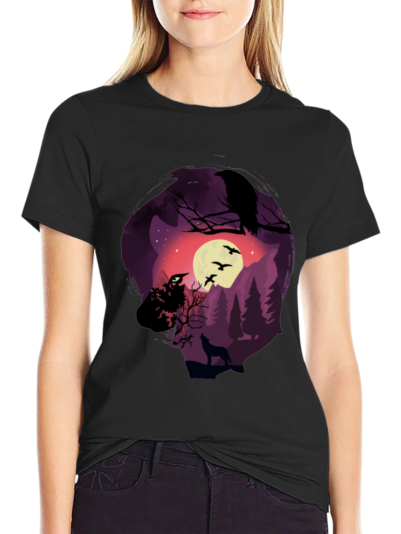 Black Raven Moon Wolf Graphic T-Shirt view 2